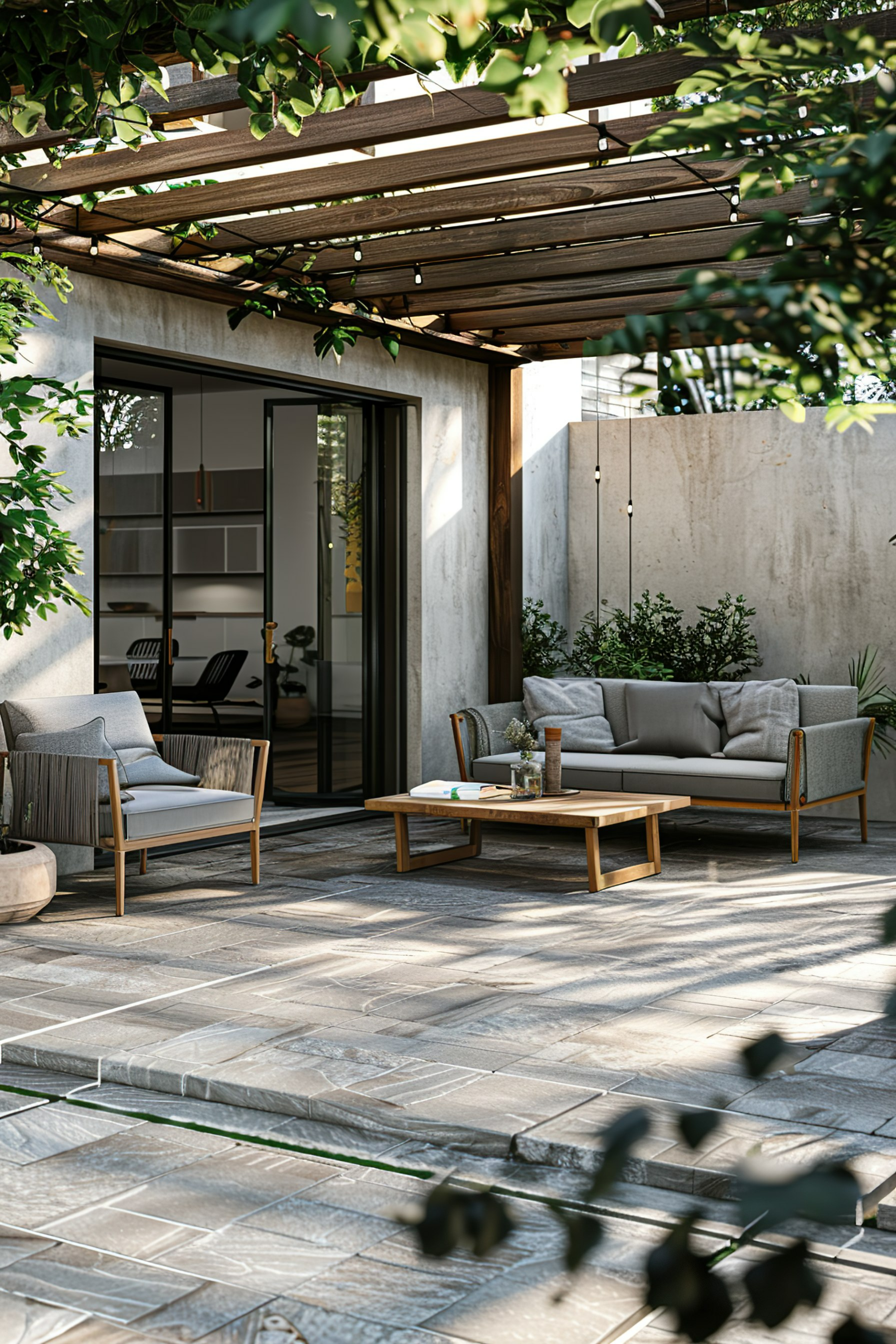 A modern patio with wooden furniture and string lights under a pergola, adjacent to sliding glass doors leading inside.