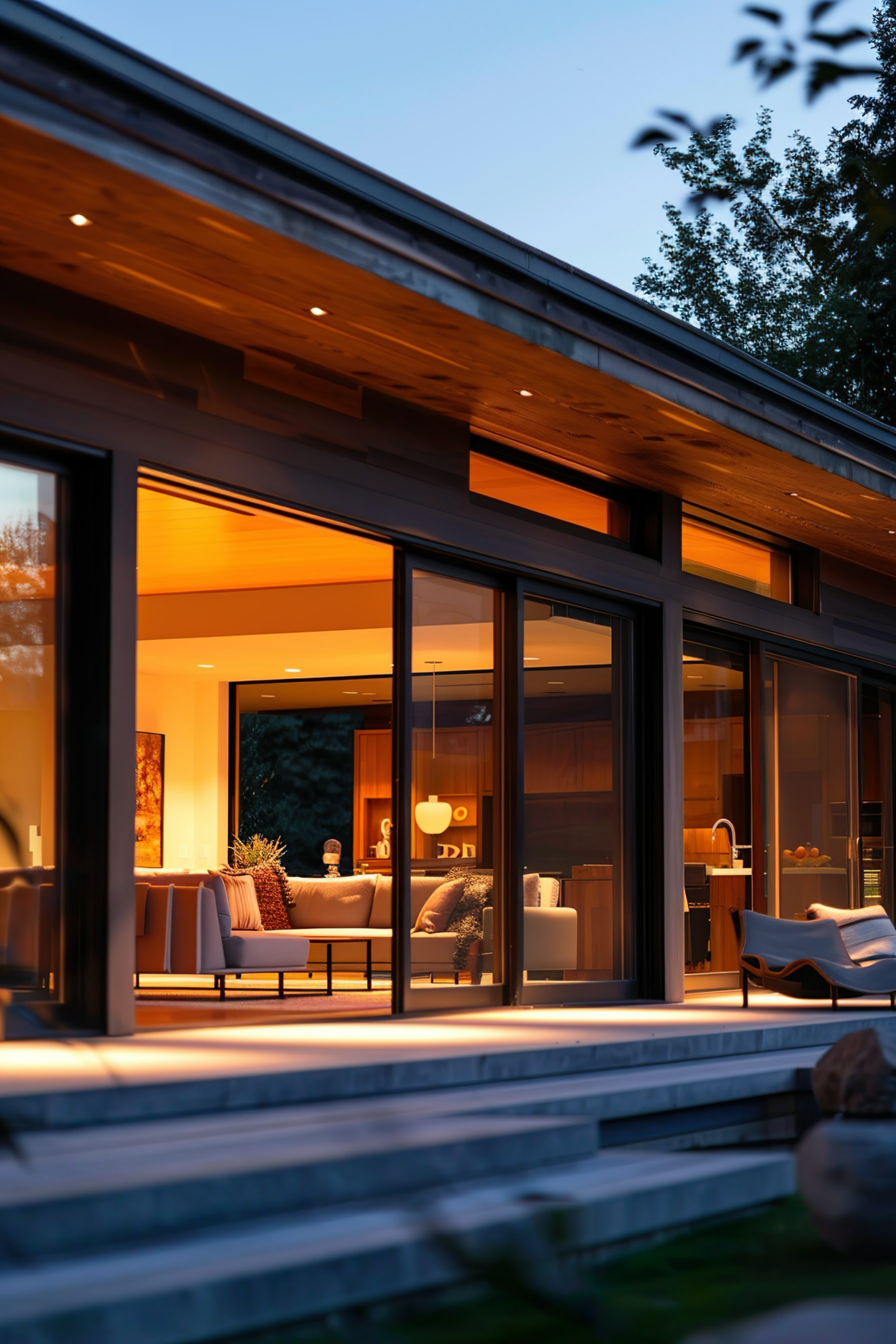 Modern house interior viewed through large glass windows at dusk, with warm lighting and cozy furniture visible inside.