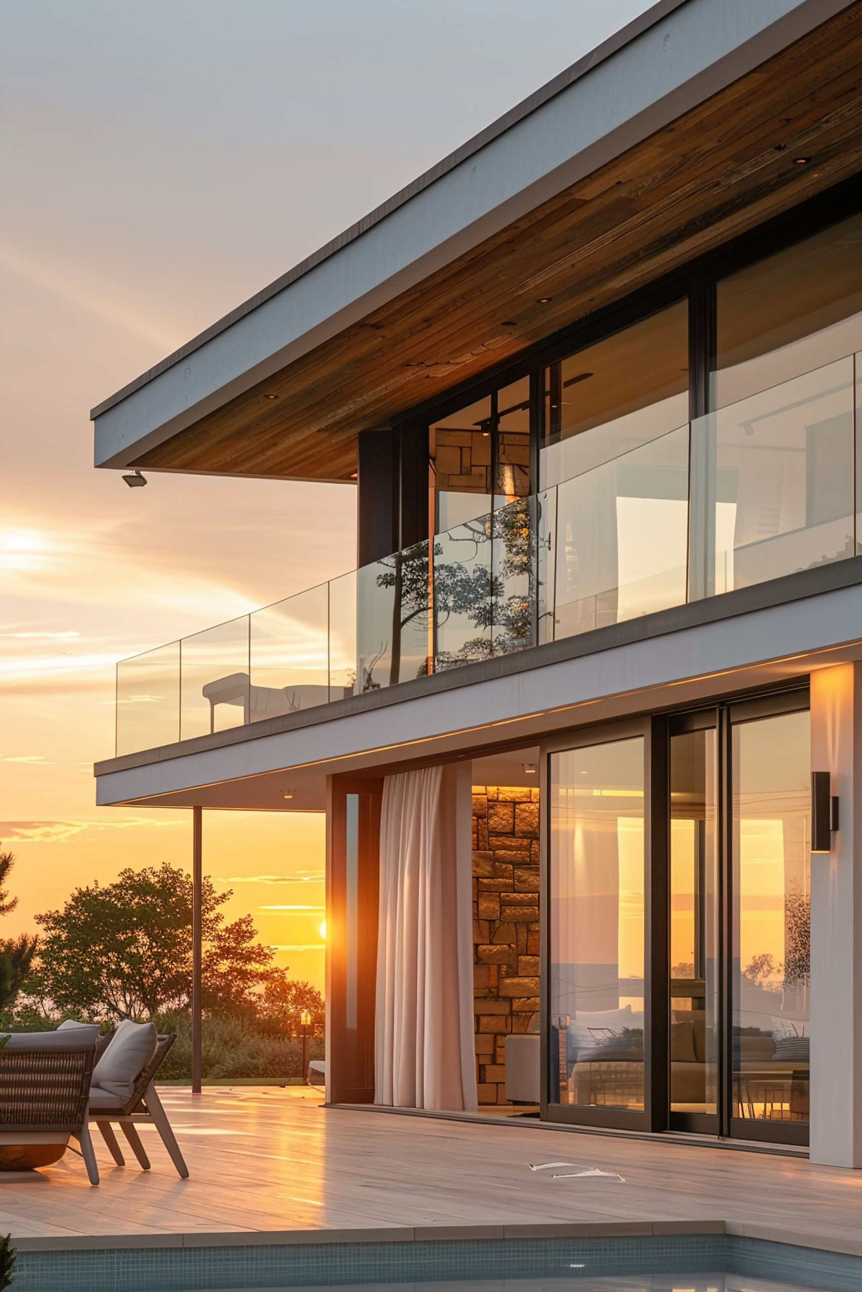 Modern house exterior with large windows at sunset, featuring a balcony and poolside terrace.