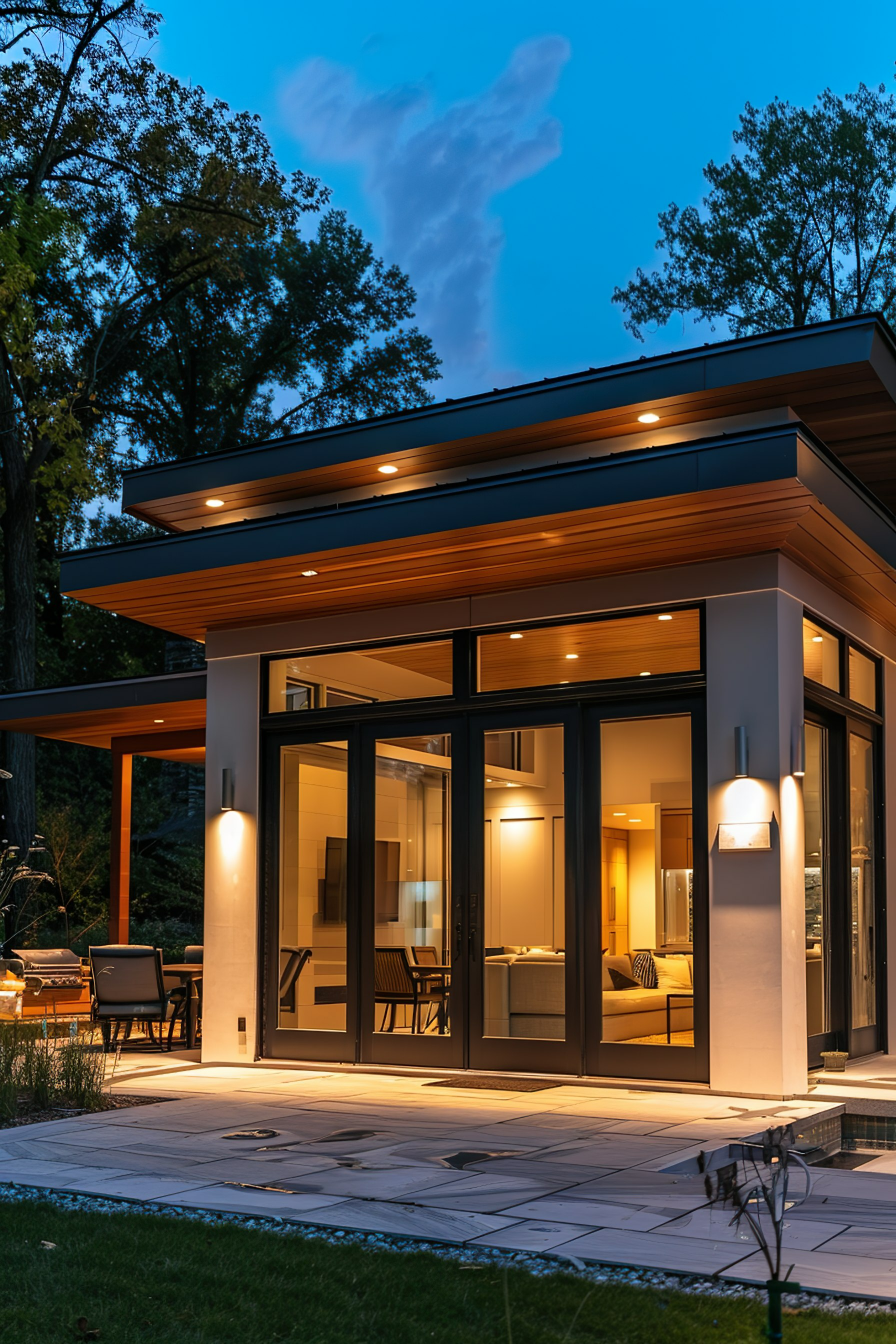 A modern house with large windows lit up at twilight, showcasing warm interior lighting and an elegant exterior.