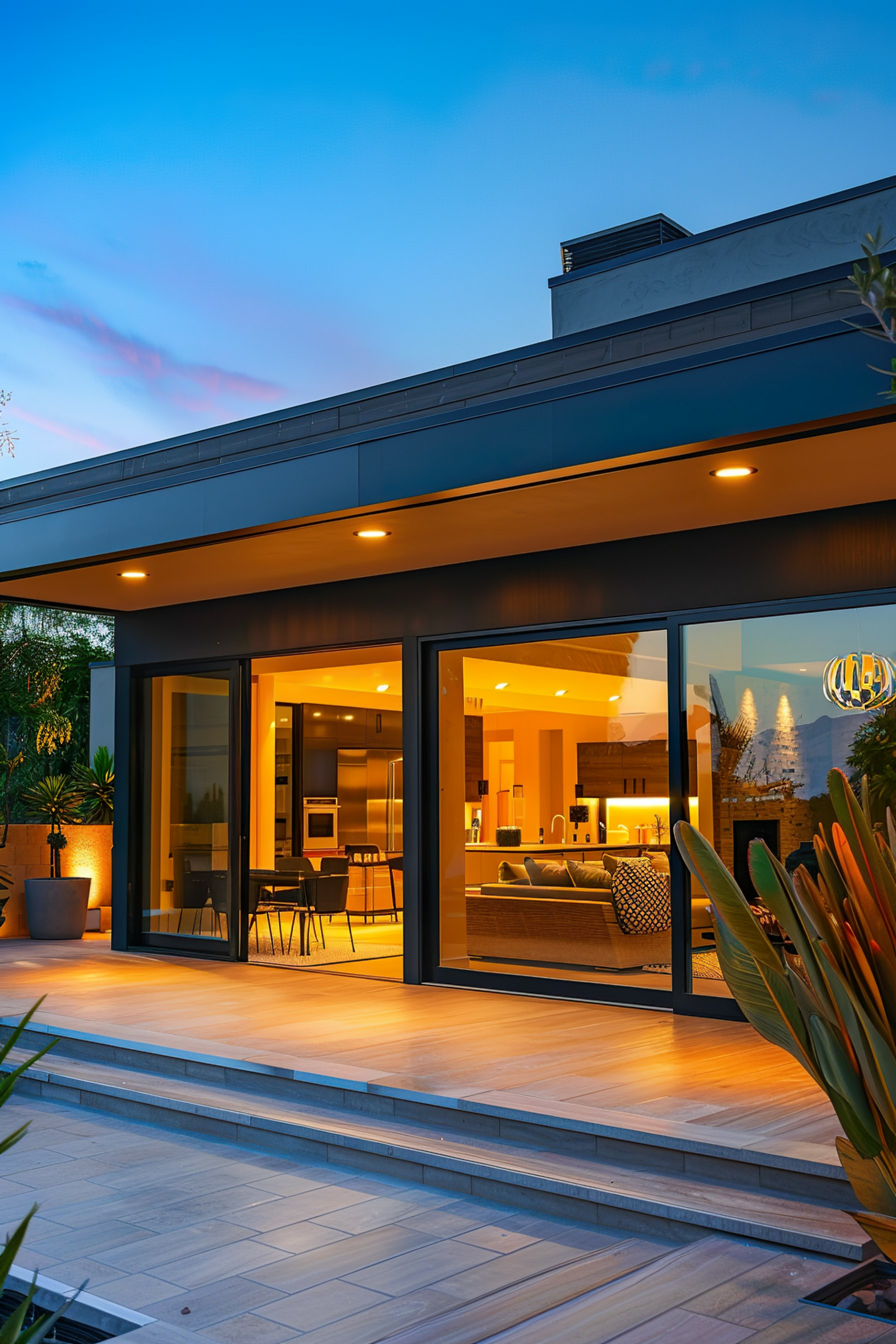 Modern house with large glass doors, lit interior visible during twilight, with a clear sky at dusk.