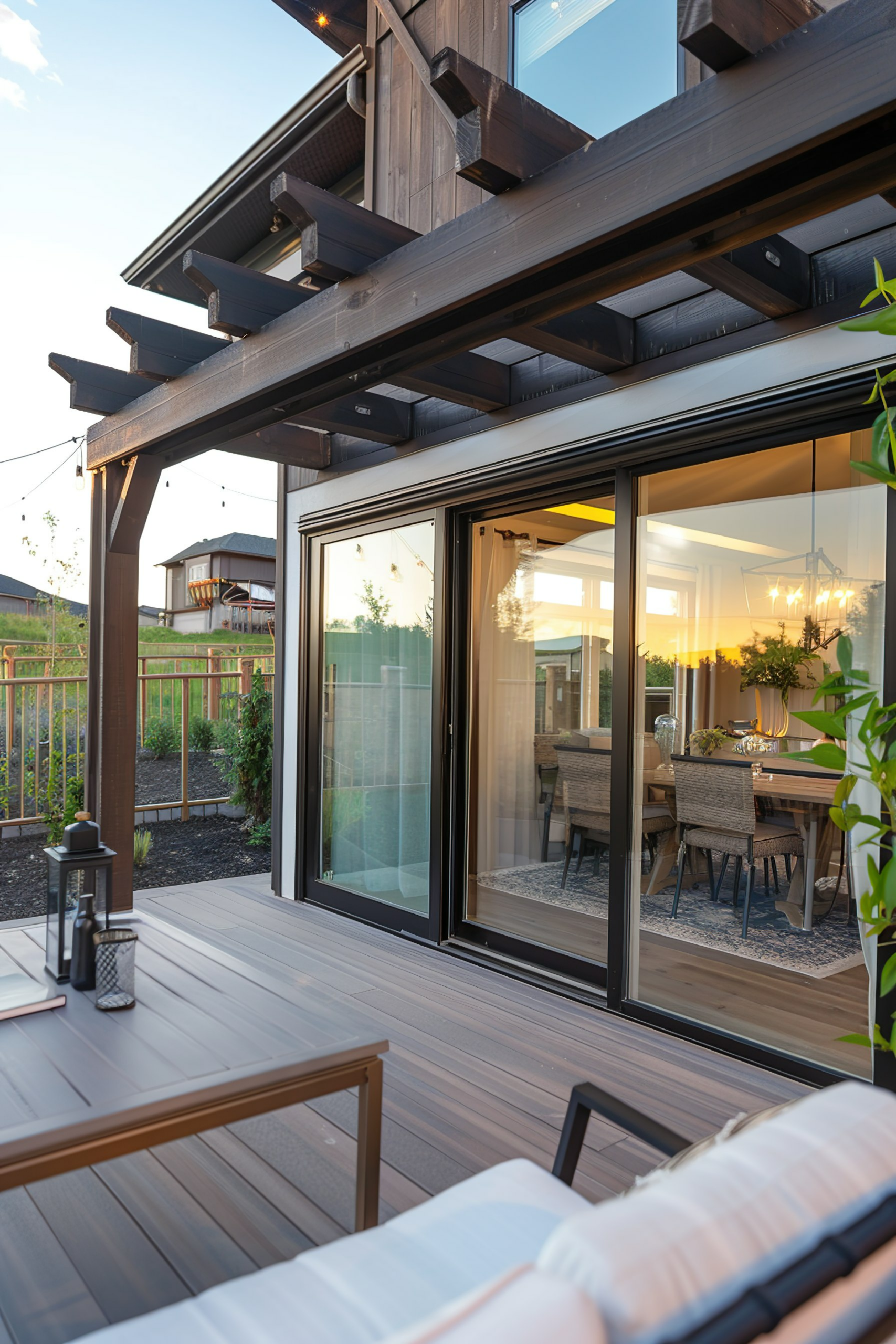 Modern home patio with sliding glass doors, wooden beams, and a dining area visible inside, during twilight.