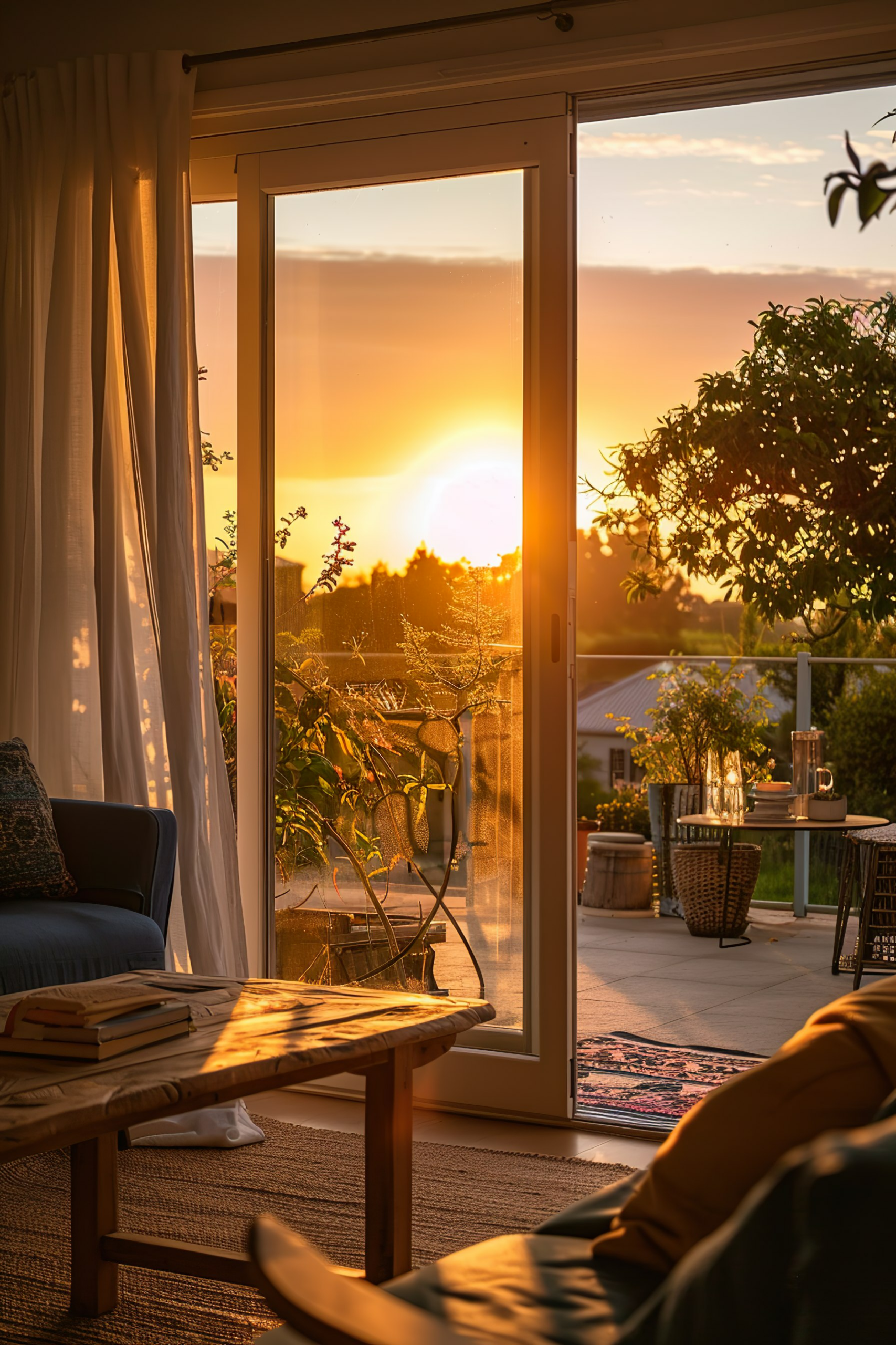 Cozy interior with a sliding door opening to a sunset view, warm light bathing the room, plants, and outdoor patio furniture visible.