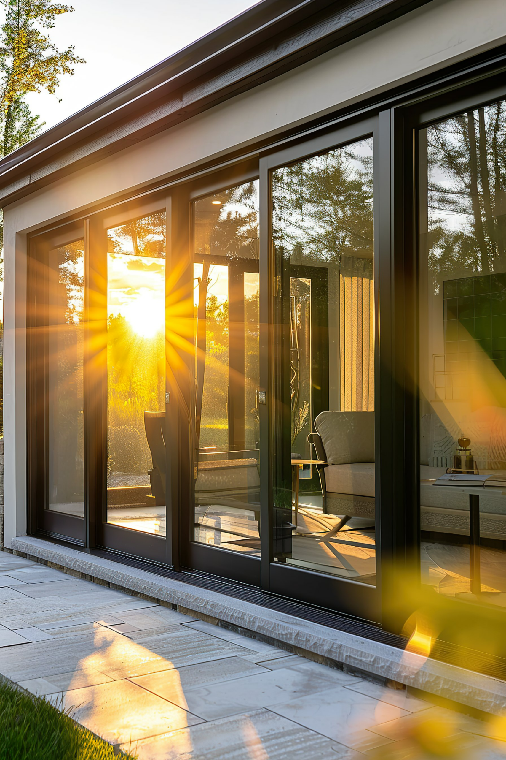 Sunset light streaming through open patio doors of a modern home, casting warm rays and shadows on the interior and terrace.