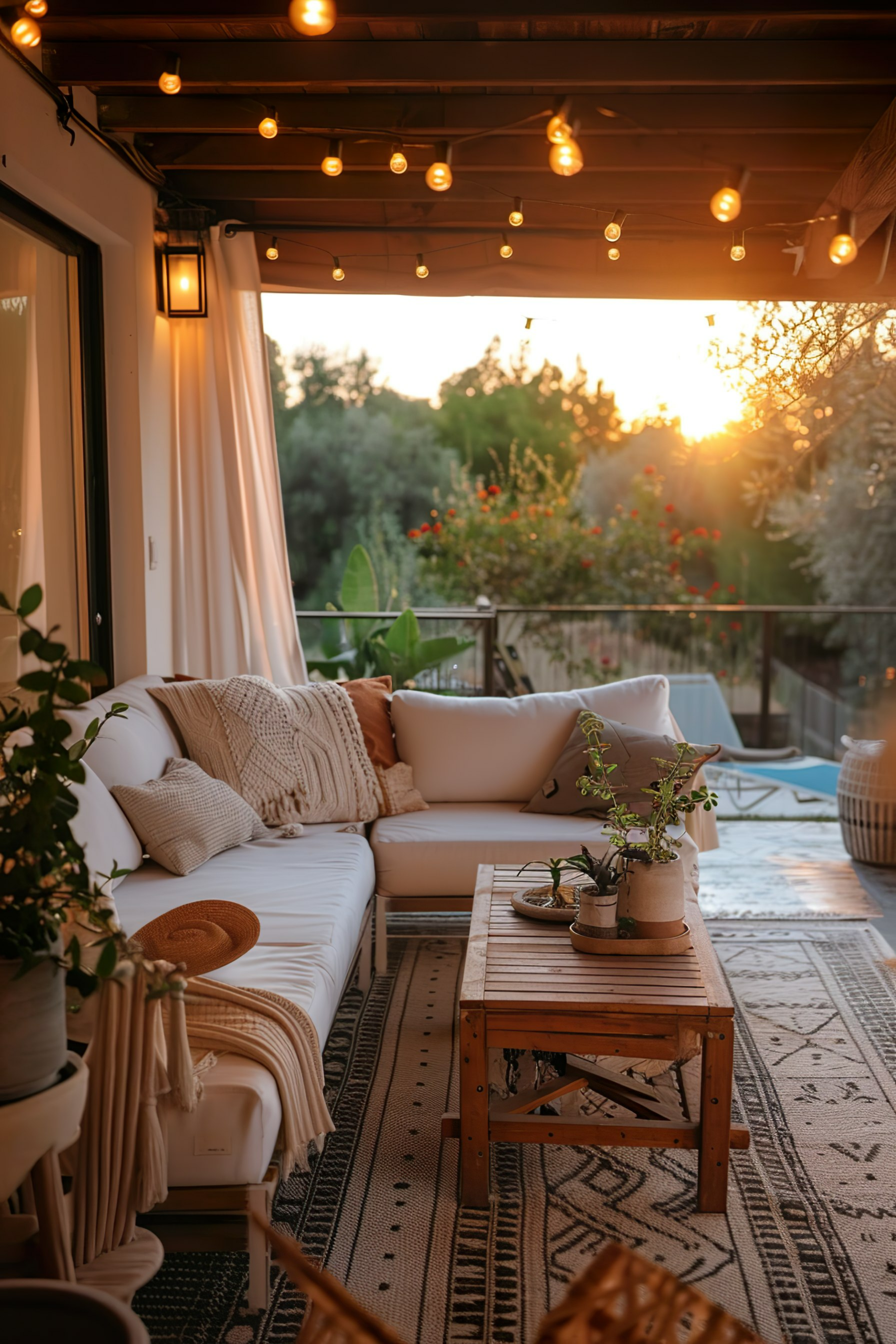 Cozy outdoor terrace at sunset with string lights, a soft sofa, patterned rugs, and lush greenery in the background.