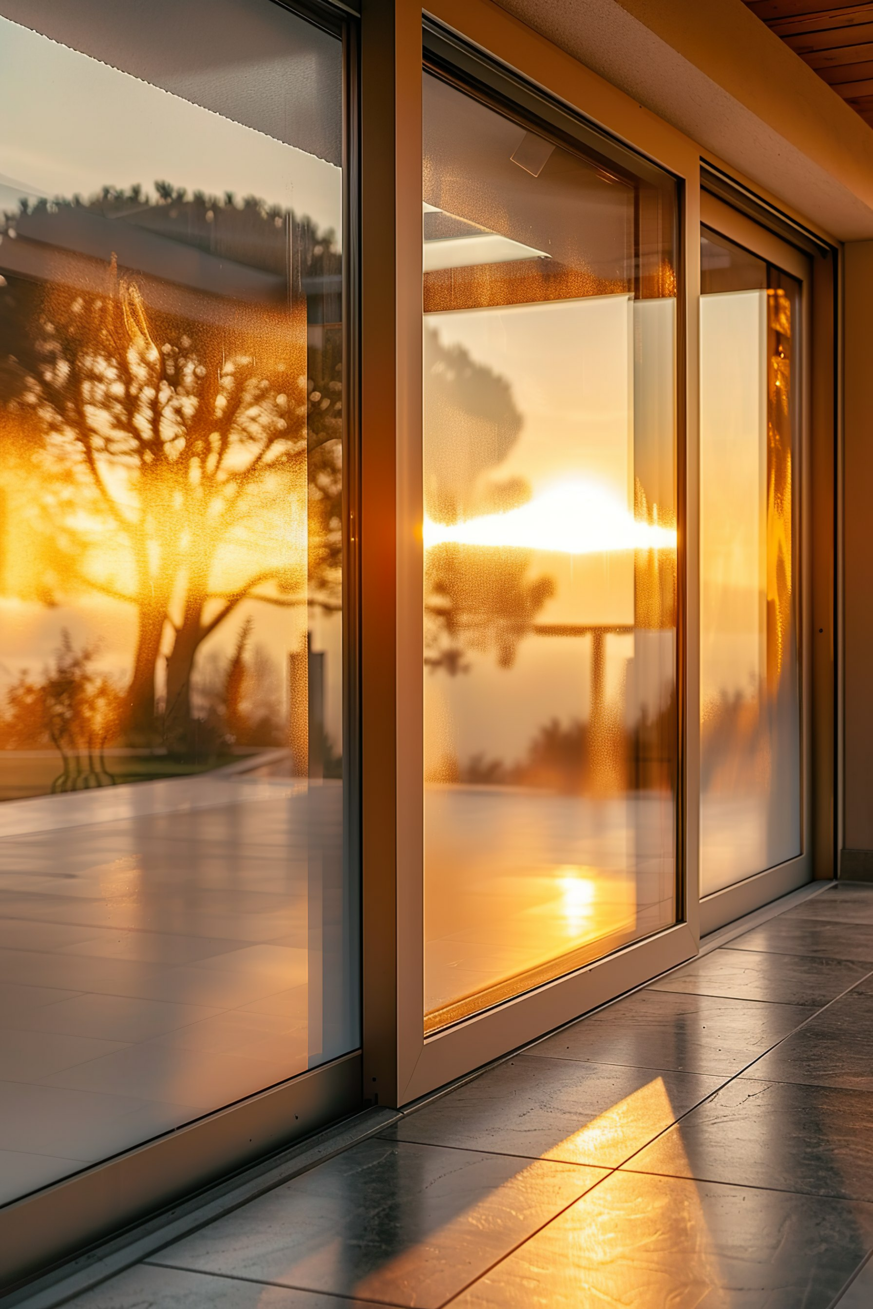 Sunset view through a modern glass door, casting warm light and tree silhouettes onto a tiled floor inside a room.