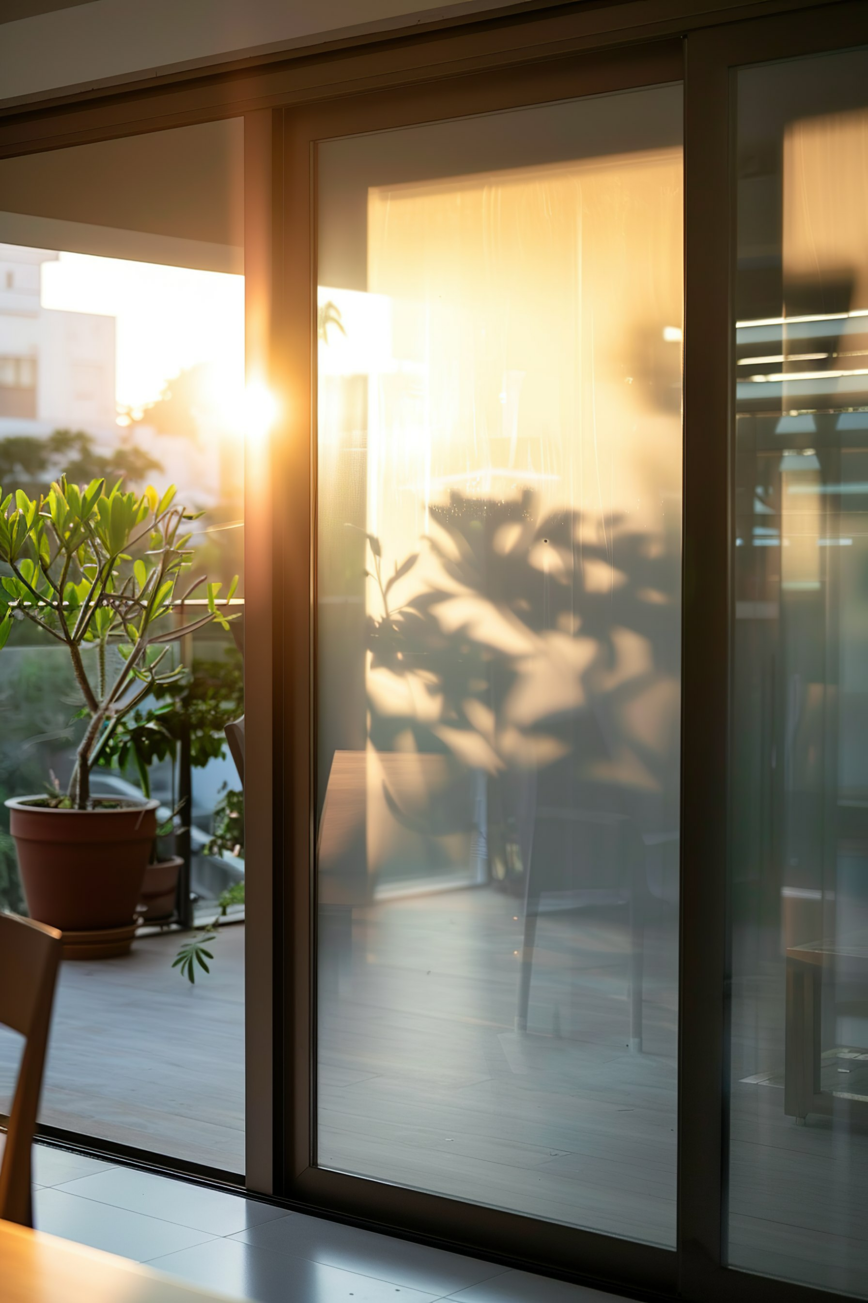 Sunset light streaming through a glass door, casting shadows of plants inside a modern room.