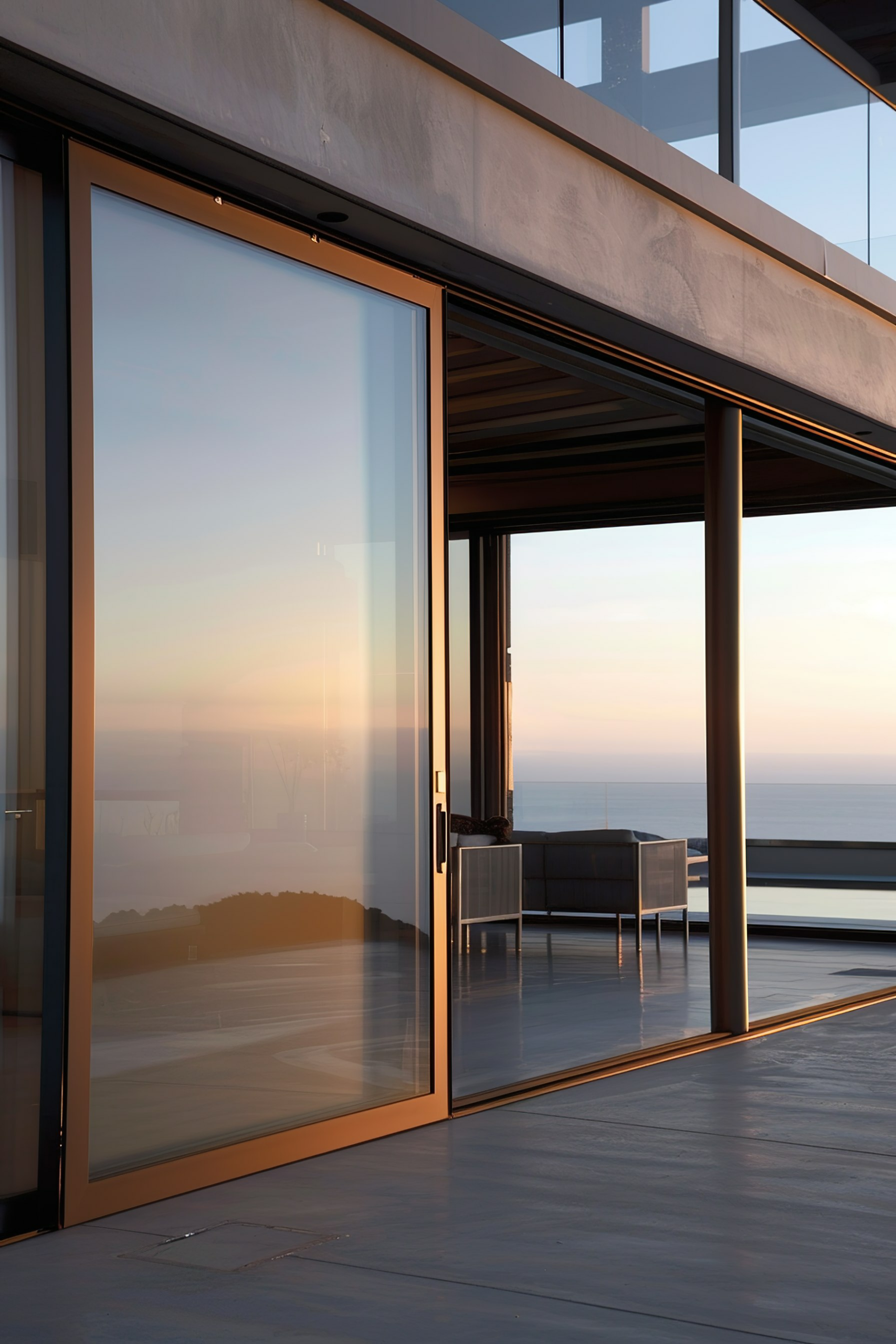 A modern glass door opening to a balcony with a sunset view over the ocean, featuring sleek outdoor furniture.