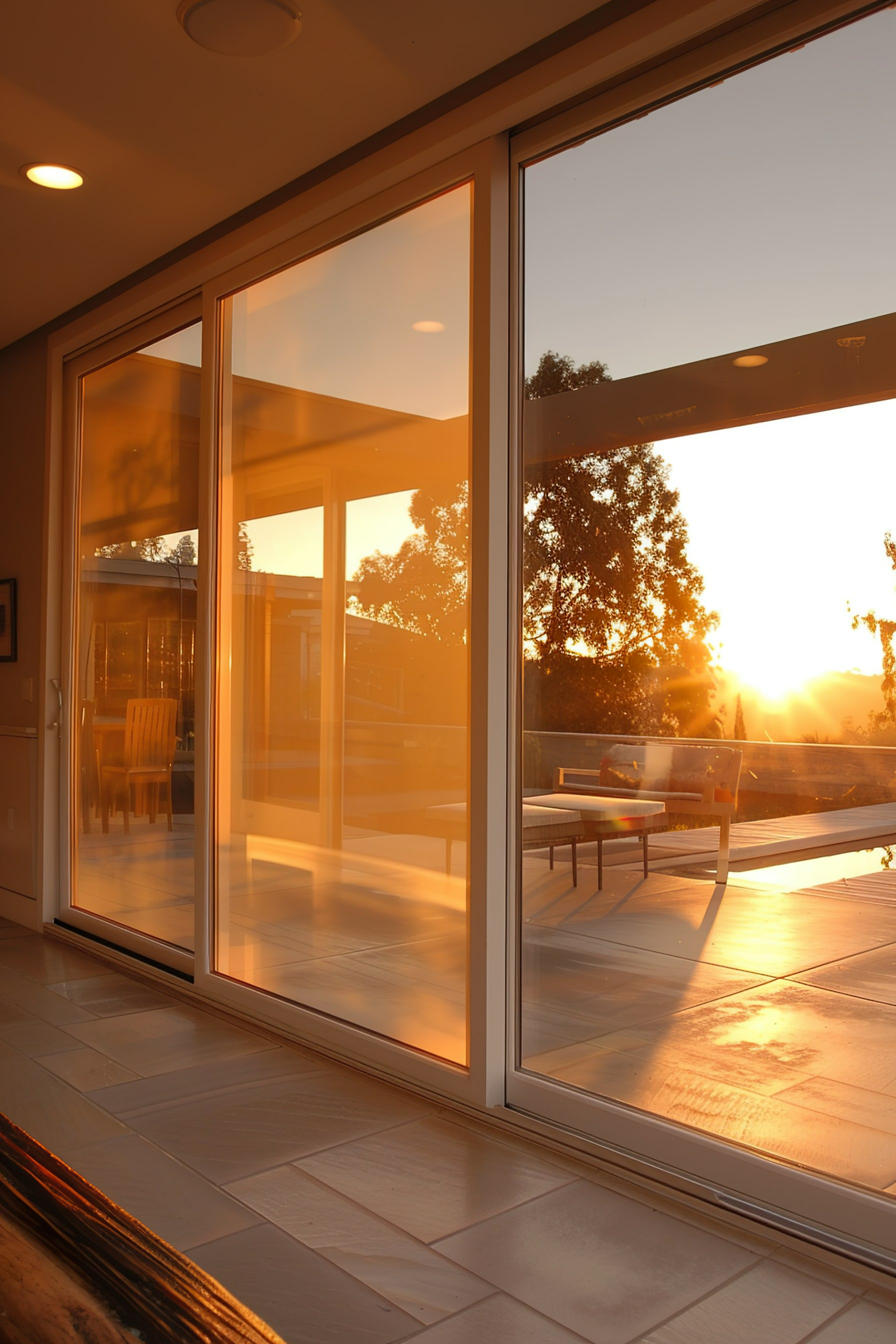 Sunset light bathing an interior through large glass doors, reflecting on a tiled floor with outdoor furniture visible.