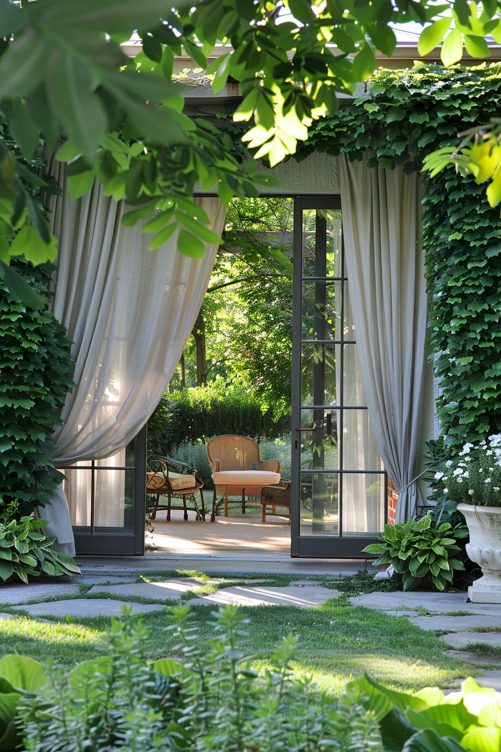 Elegant garden patio framed by green ivy and white drapes, with wicker furniture visible through open glass doors.