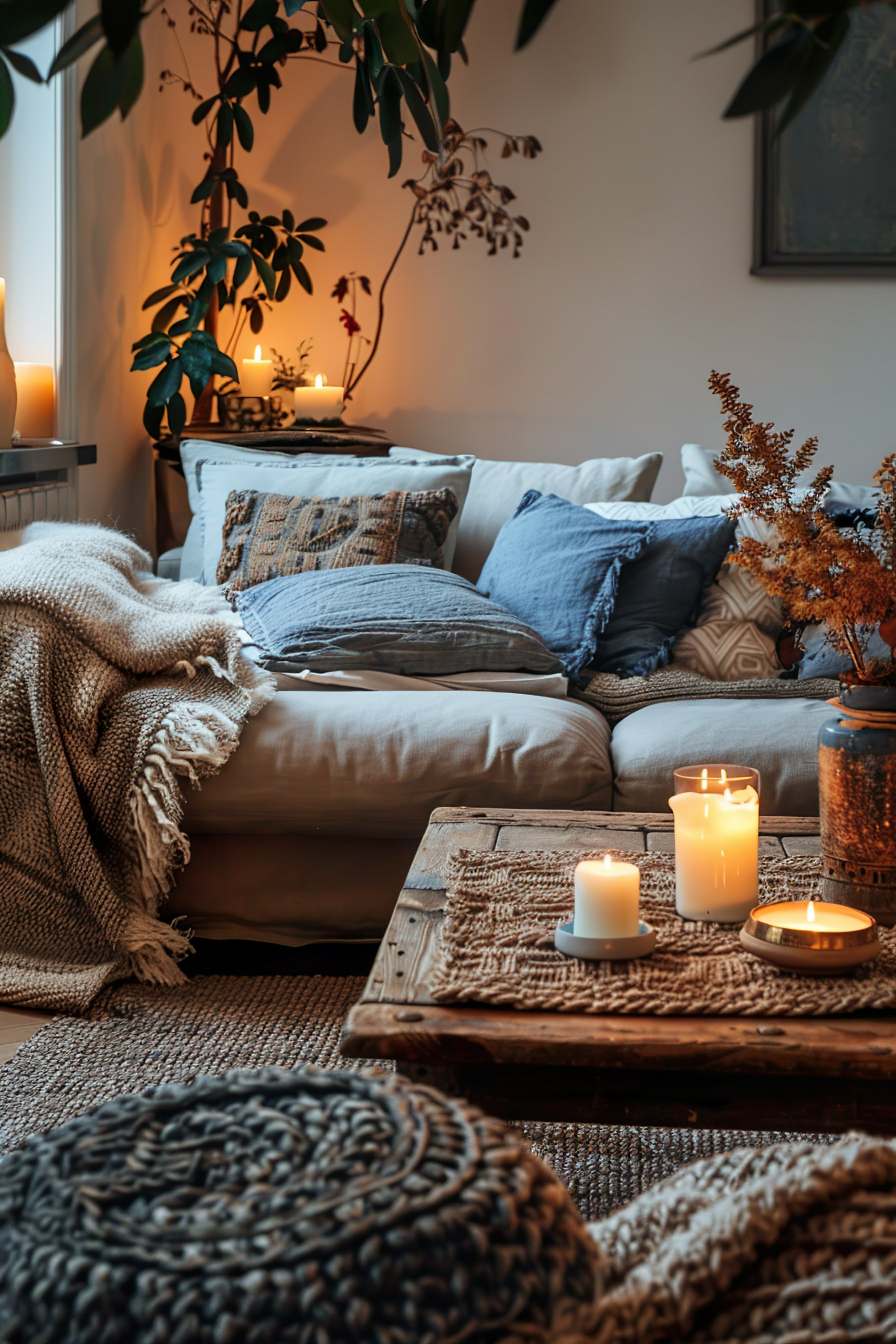 Cozy living room corner with a plush sofa, textured throw pillows, lit candles, wooden table, and indoor plants.