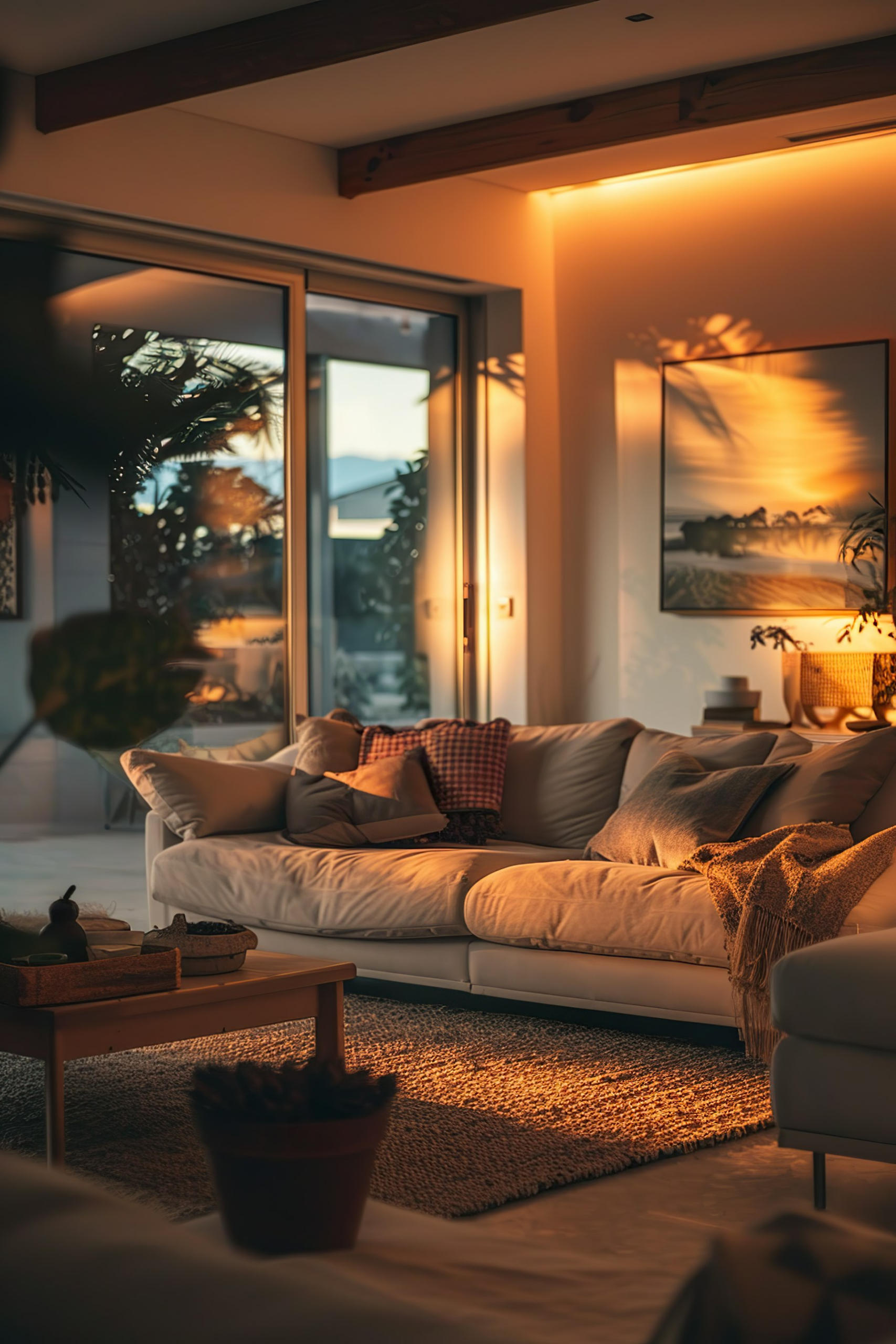 Cozy living room at sunset with a comfy sofa, decorative pillows, warm lighting, and a scenic wall art of a beach.