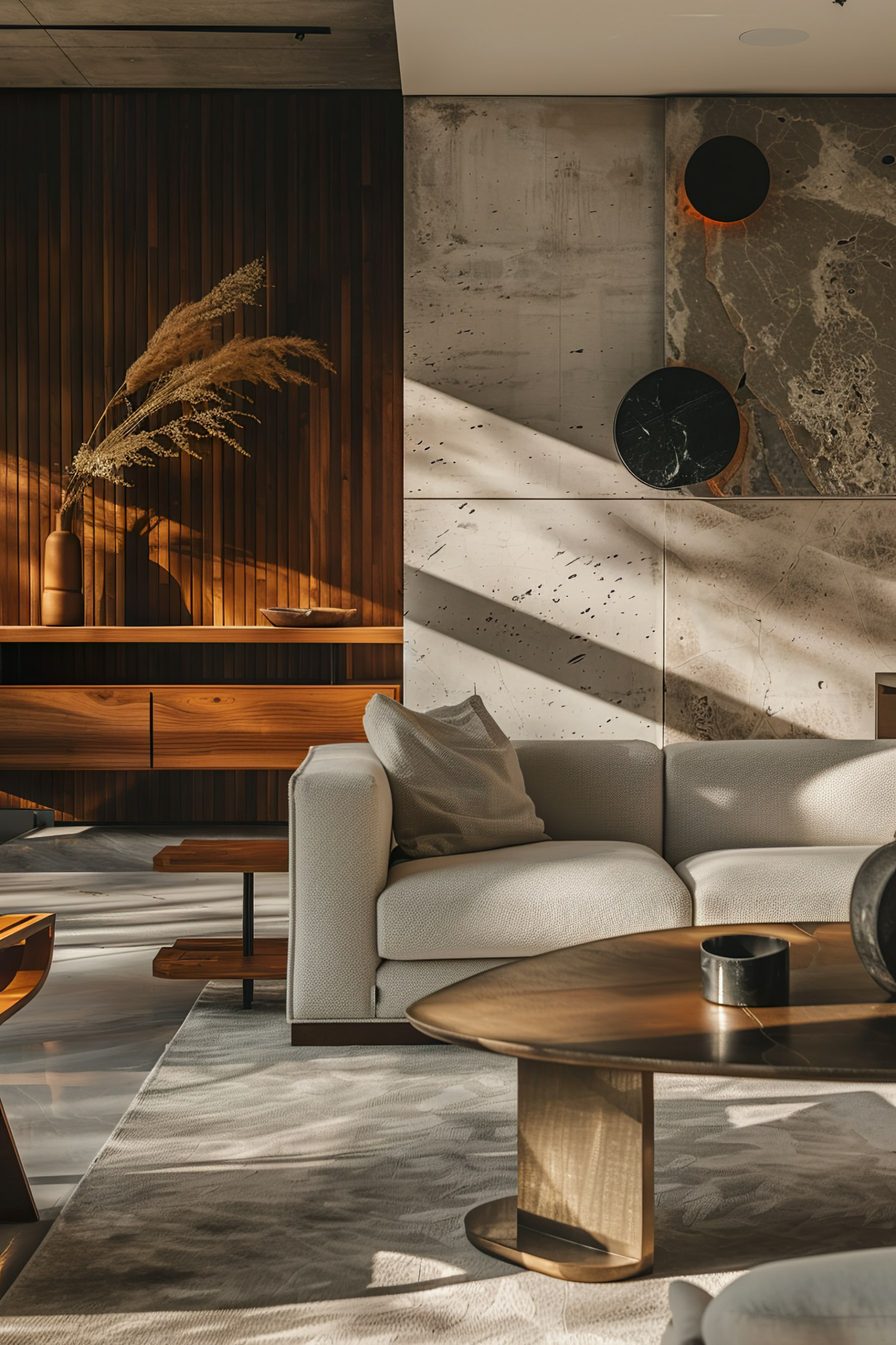 Modern living room interior with a cozy white couch, wooden shelves, decorative dried plants, and marble wall detailing.