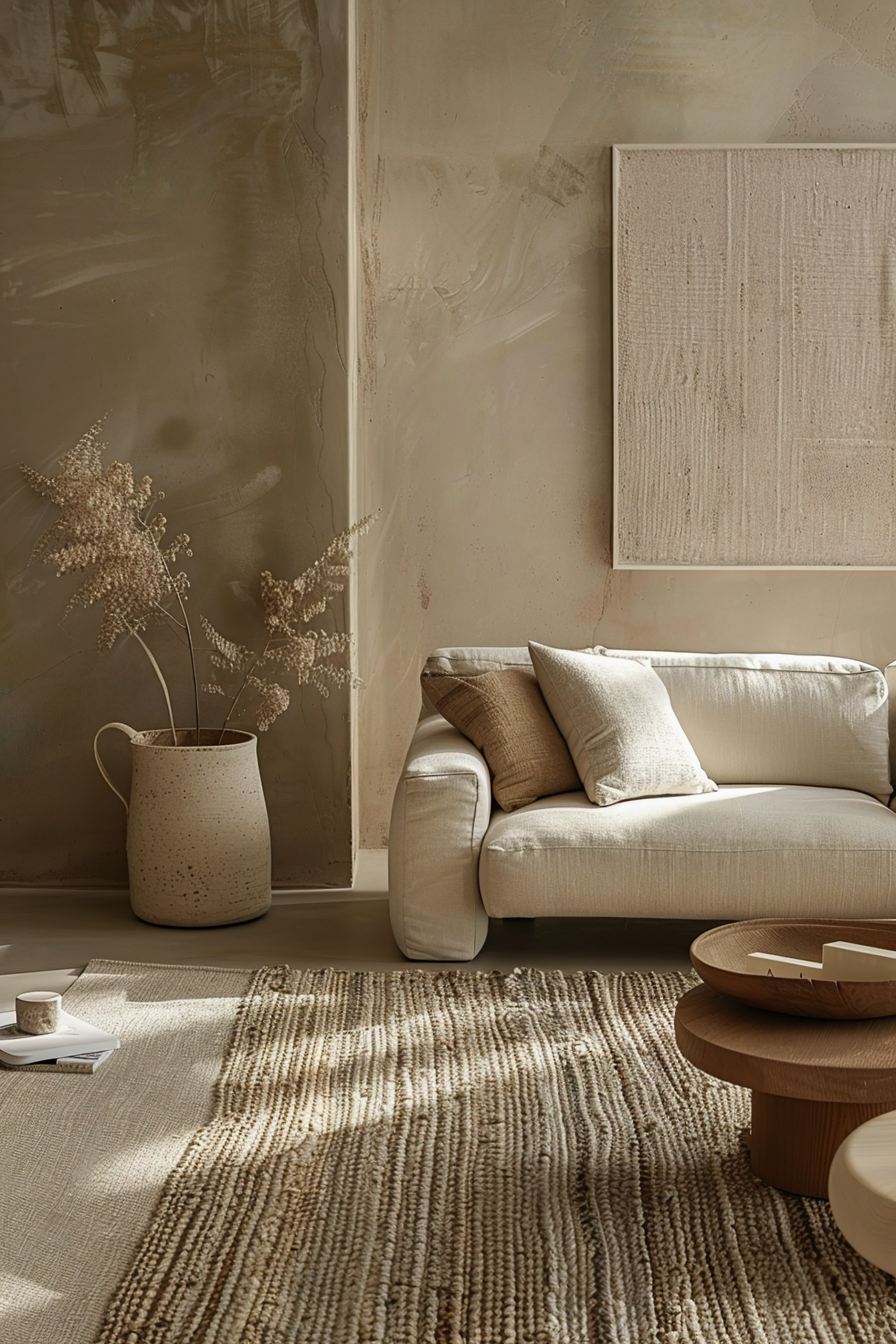 A cozy corner with a beige sofa, textured rug, dried flowers in a pot, and minimalist art, bathed in warm sunlight.