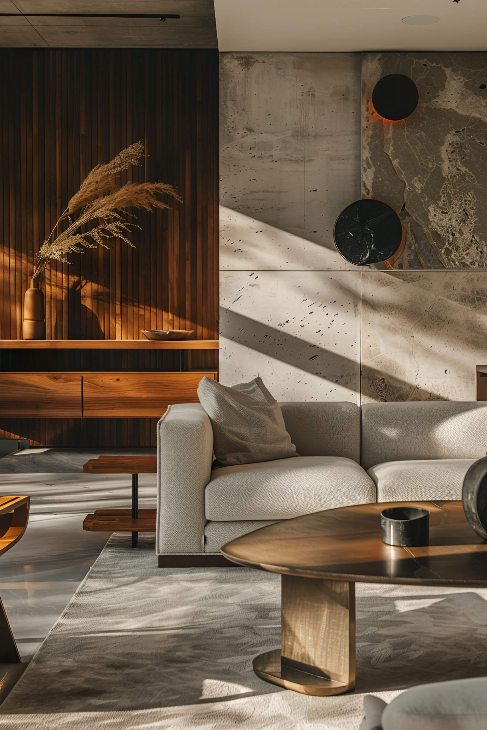 Modern living room interior with a cream sofa, wooden shelves, concrete and marble walls, under natural sunlight.