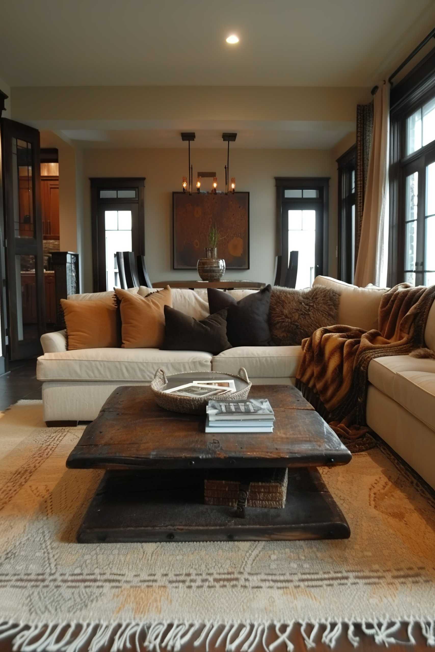 ALT: A cozy living room with a sectional cream sofa, rustic wooden coffee table, and elegant chandelier above a decorative painting.