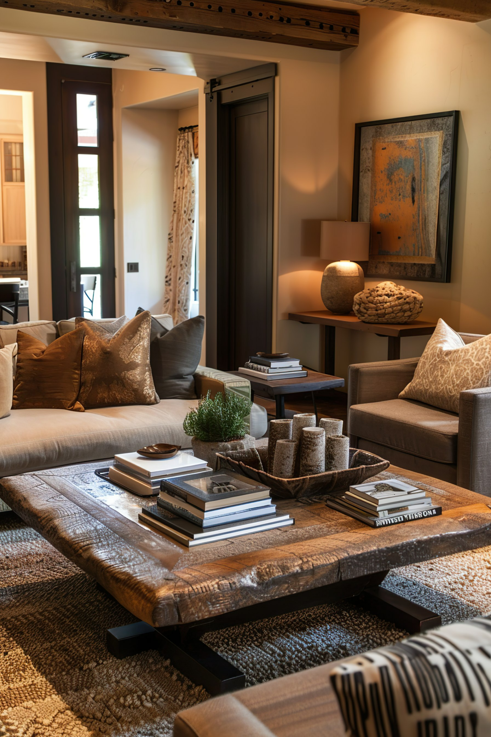 A cozy living room with a large wooden coffee table adorned with books, a plush sofa with decorative pillows, and warm ambient lighting.