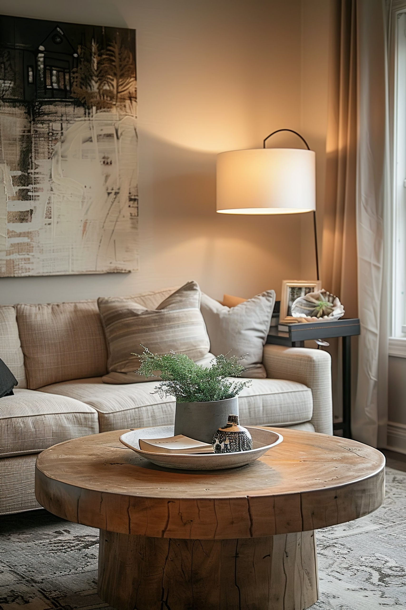 A cozy living room corner with a beige sofa, wooden round coffee table, decorative plant, floor lamp, and abstract wall art.