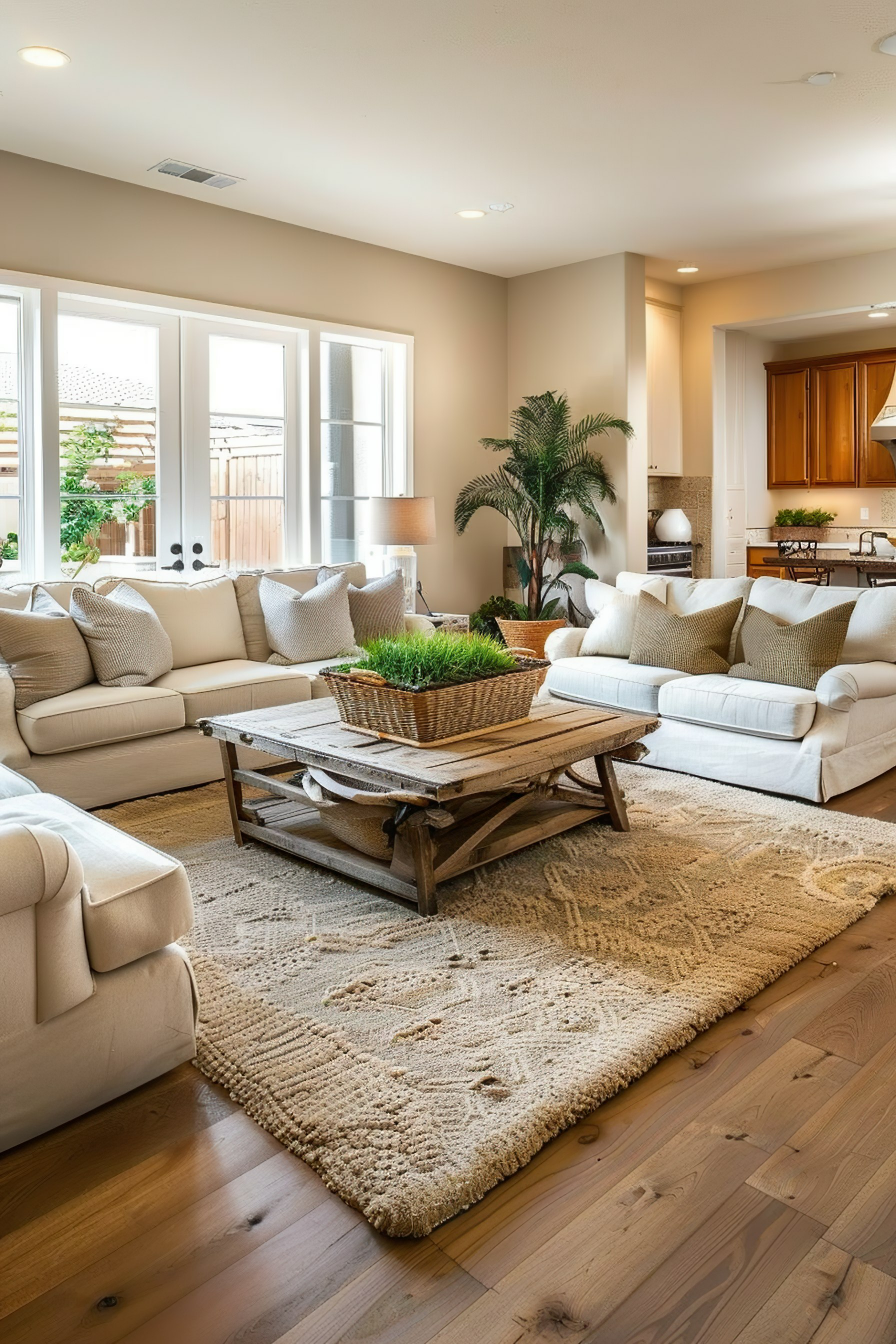 Spacious living room with beige sofas, wooden coffee table, large rug, and adjoining kitchen area with wooden cabinets.