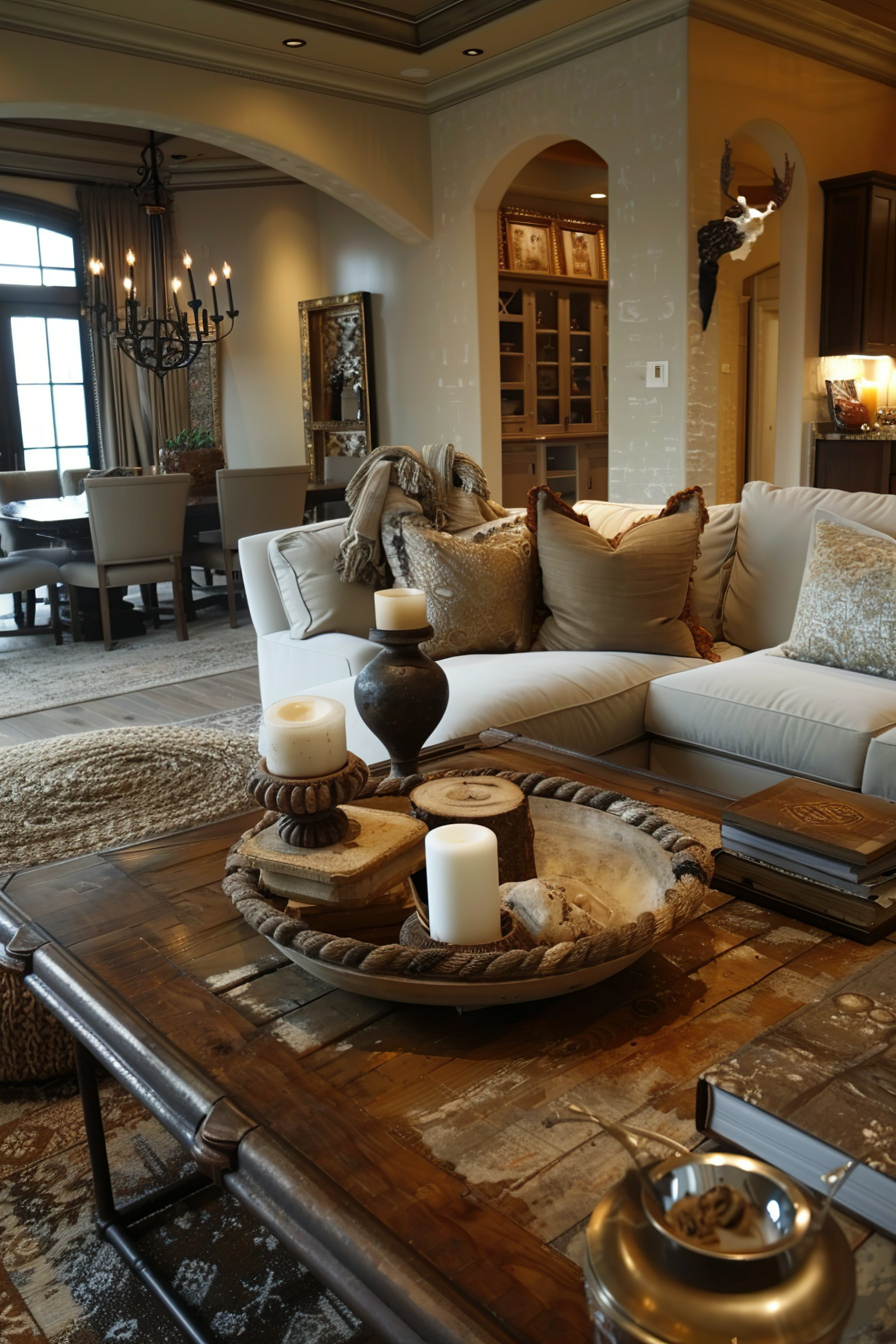 Elegant living room with a plush sofa, rustic coffee table with candles, chandelier overhead, and refined decor.