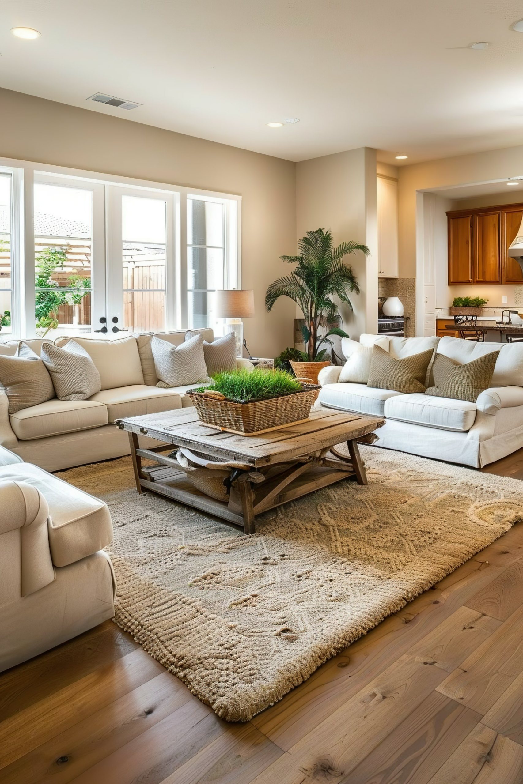 Bright and cozy living room with beige sofas, a rustic coffee table, potted plants, and a view to the kitchen.