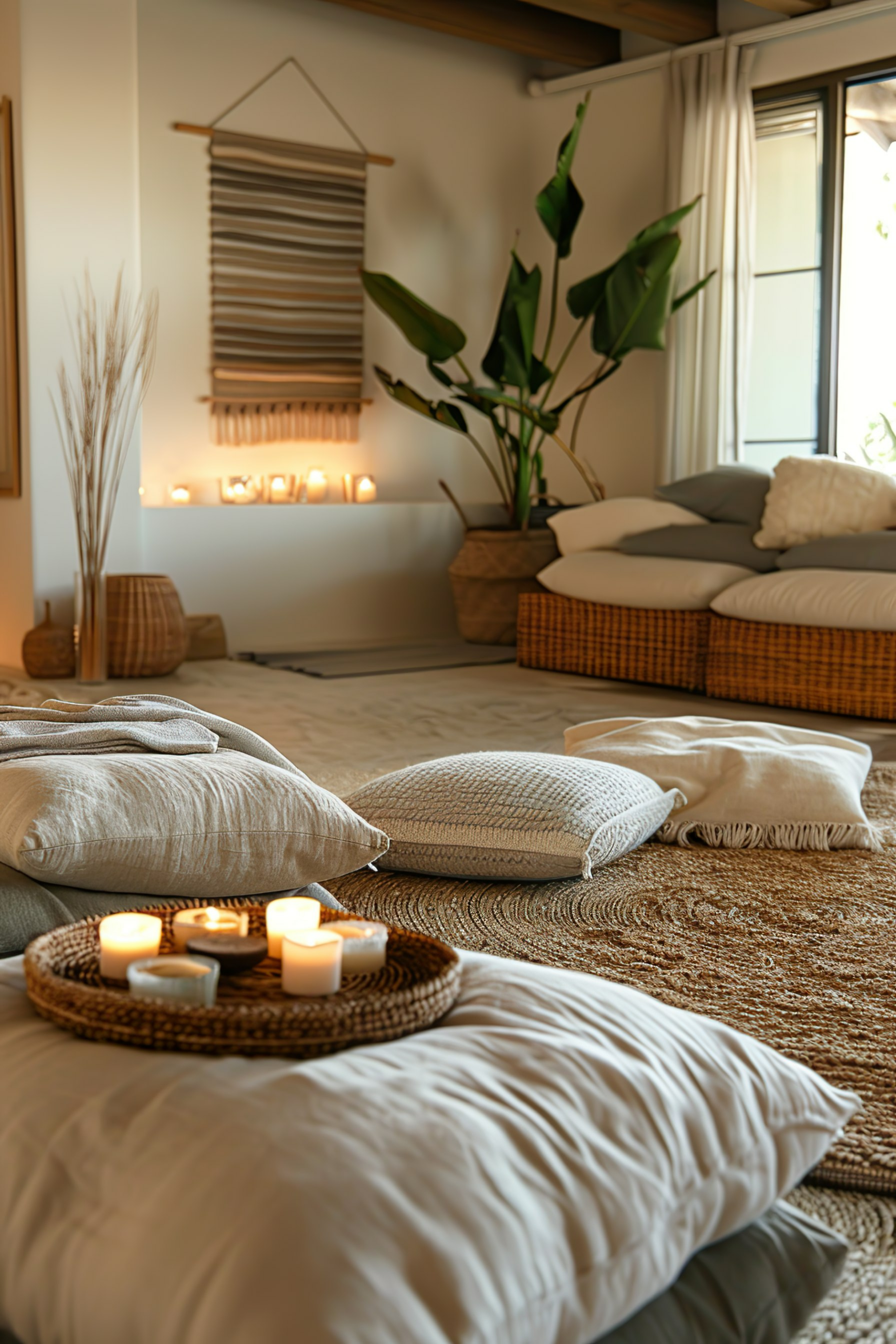 Cozy room with a low bed, cushions on a jute rug, lit candles on a tray, a woven wall piece, and a potted plant by window.