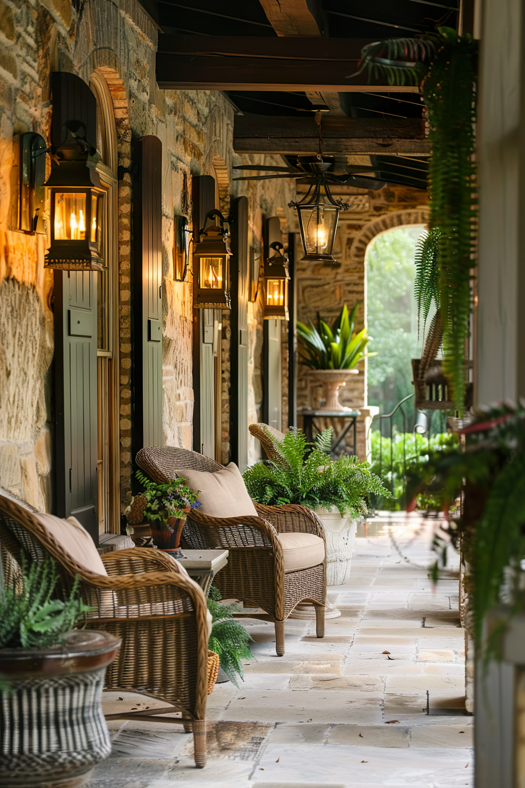 A cozy porch with wicker chairs, plant decorations, wall-mounted lanterns, and a stone facade under a wooden beam ceiling.