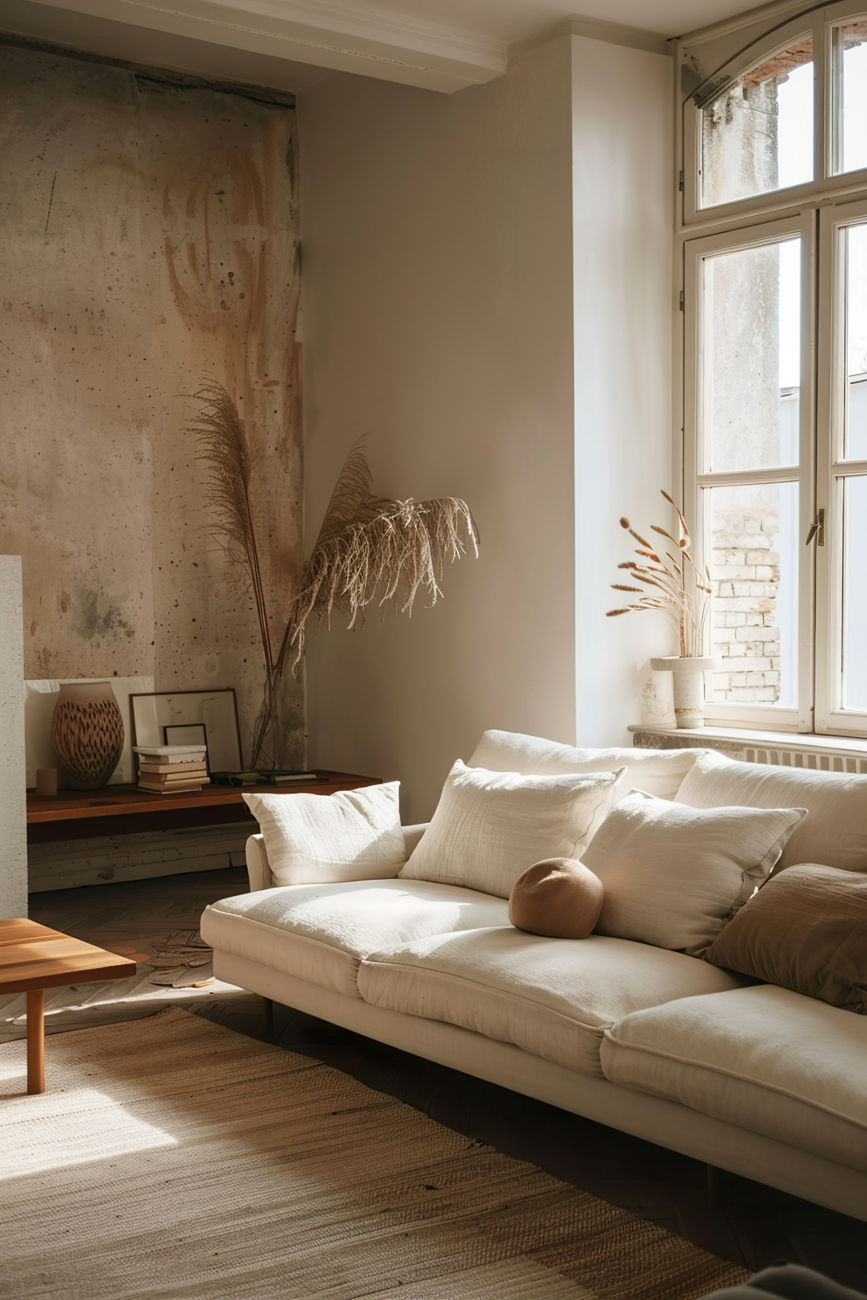 A cozy, sunlit living room with a white sofa, dried plants, wooden furniture, and rustic wall textures.