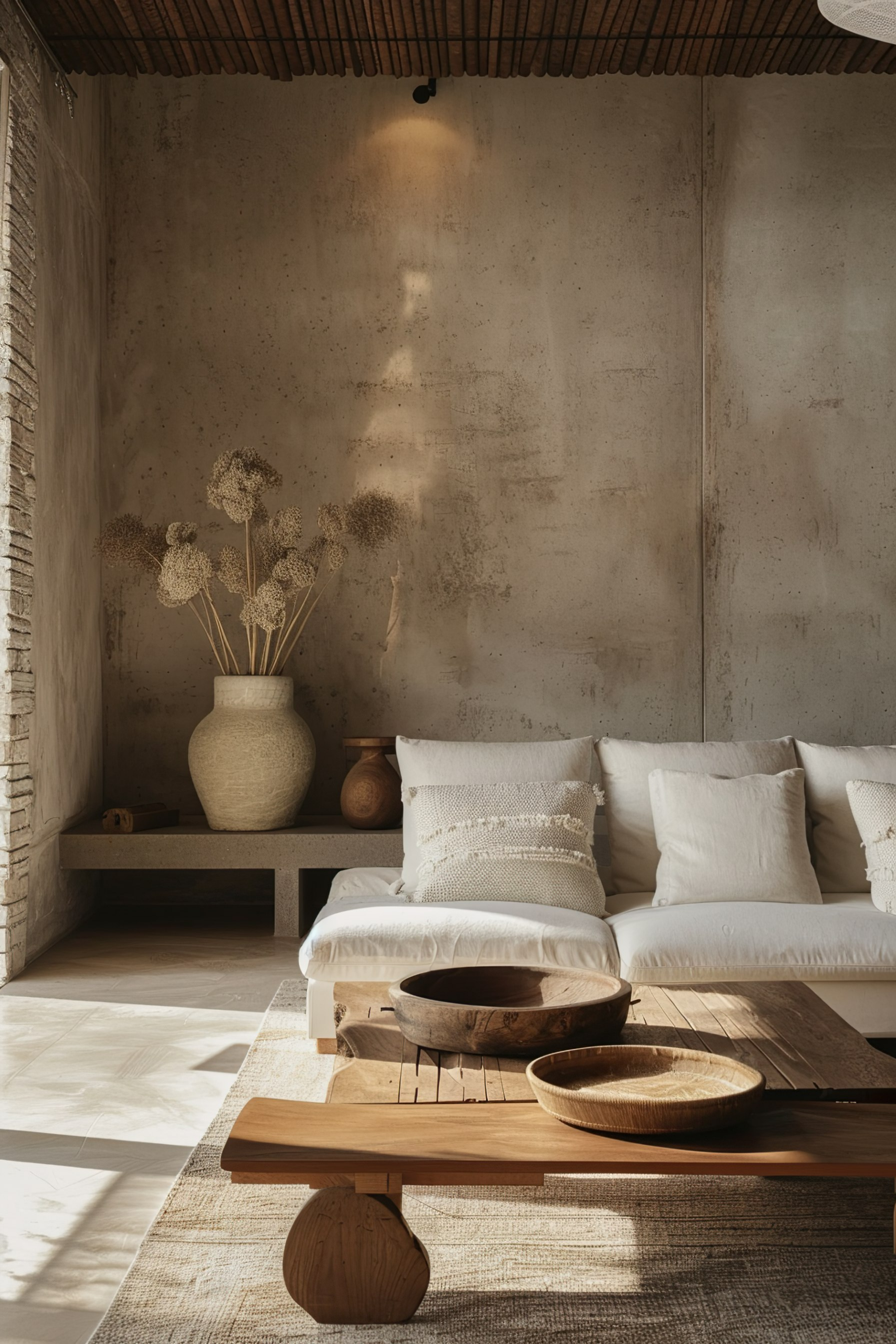 ALT text: A cozy, minimalist living room with a beige sofa, wooden furniture, textured pillows, and a vase with dried flowers against a raw concrete wall.