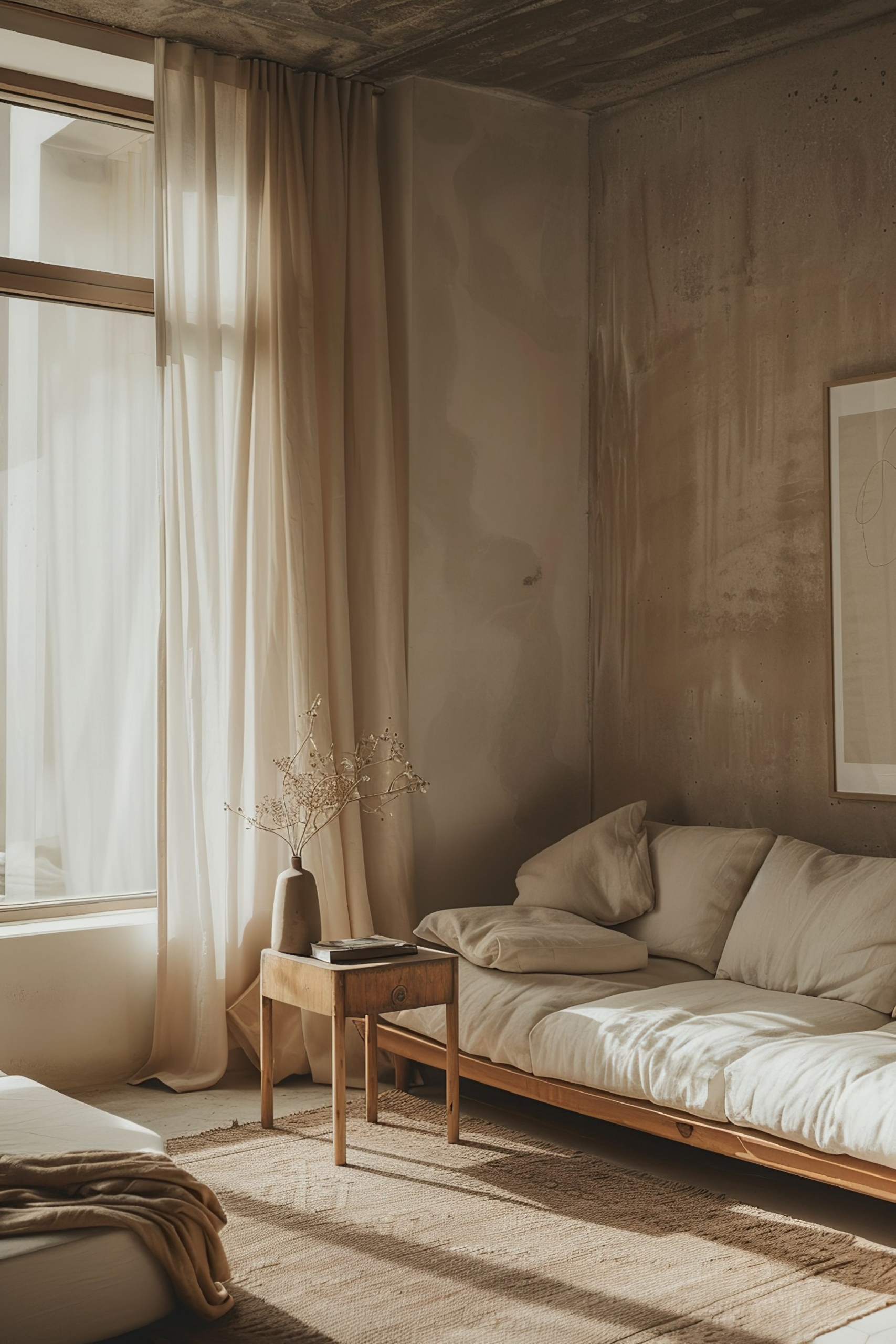 A sunlit minimalist bedroom with a low wooden bed, sheer curtains, textured walls, and a small table with a vase and books.