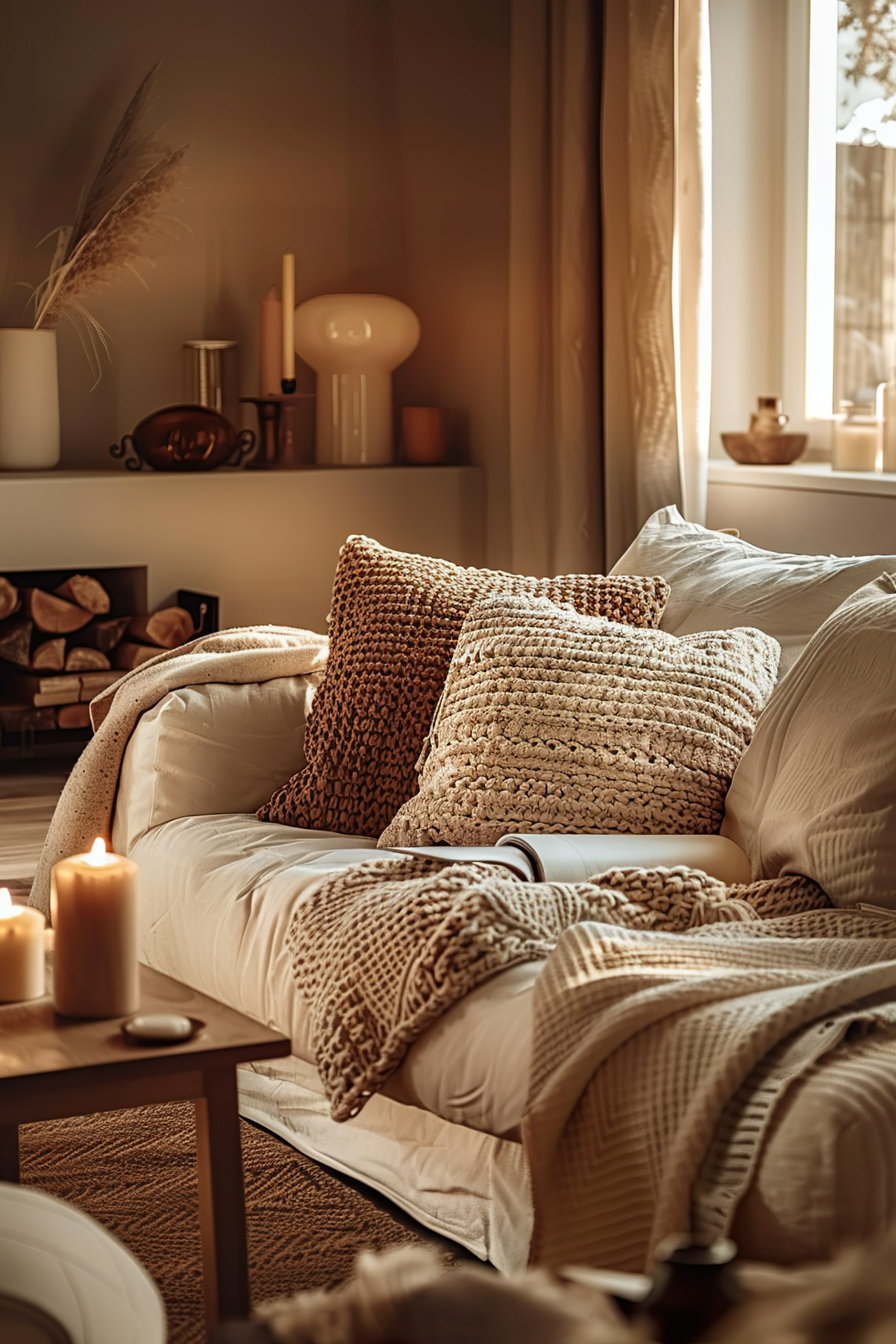 Cozy living room corner with a plush sofa, textured pillows, lit candles, and a warm sunset light coming through the window.