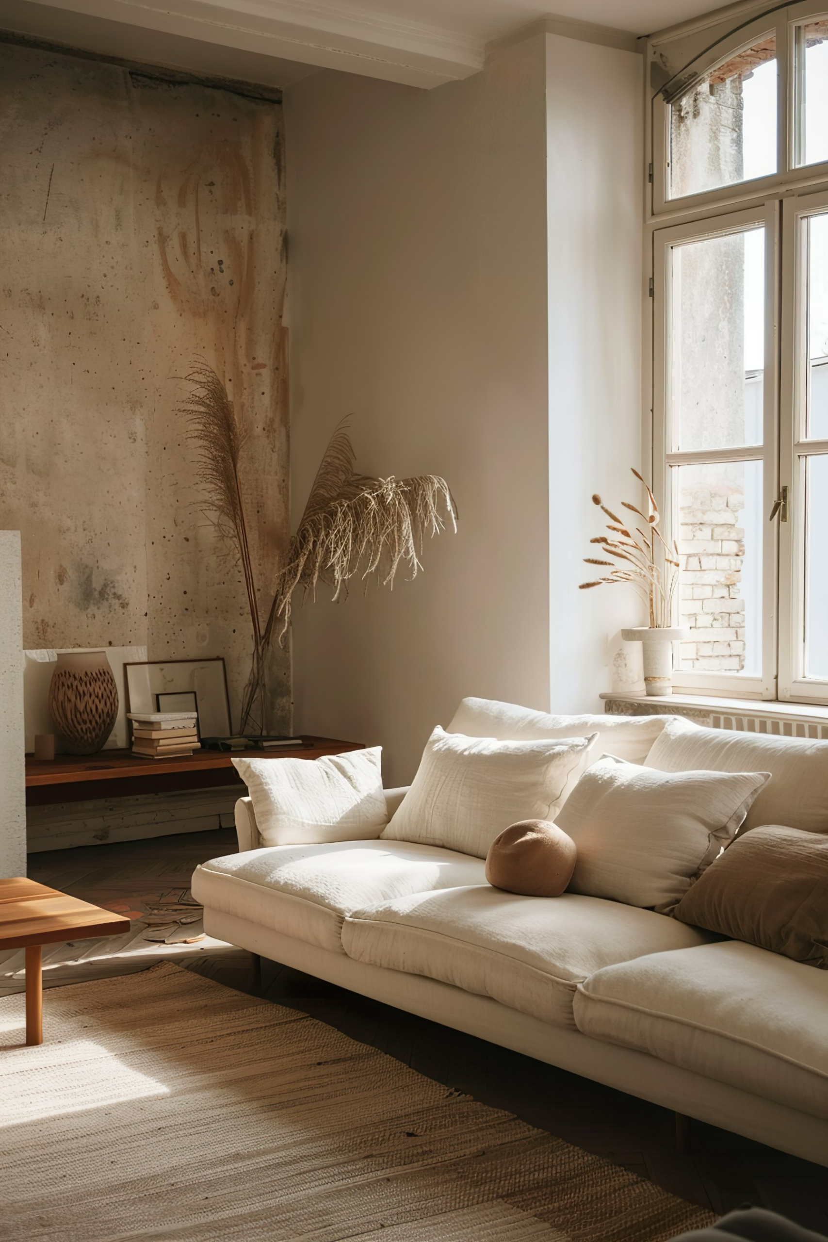 Cozy living room corner with a white sofa, natural light from window, dried plants, and a textured rug.