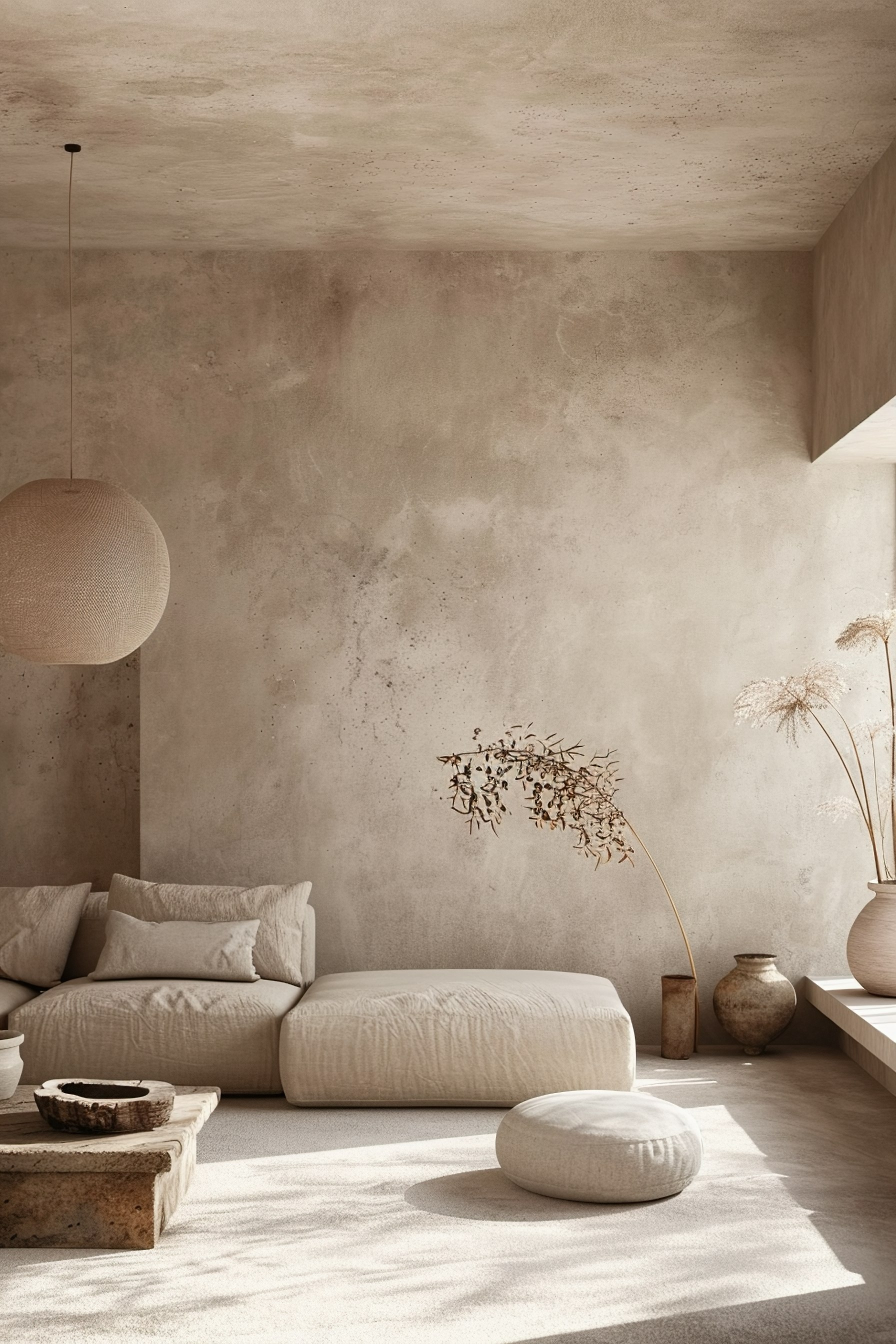 A minimalist living room with neutral tones, textured walls, low modular seating, and dried plants as decor.