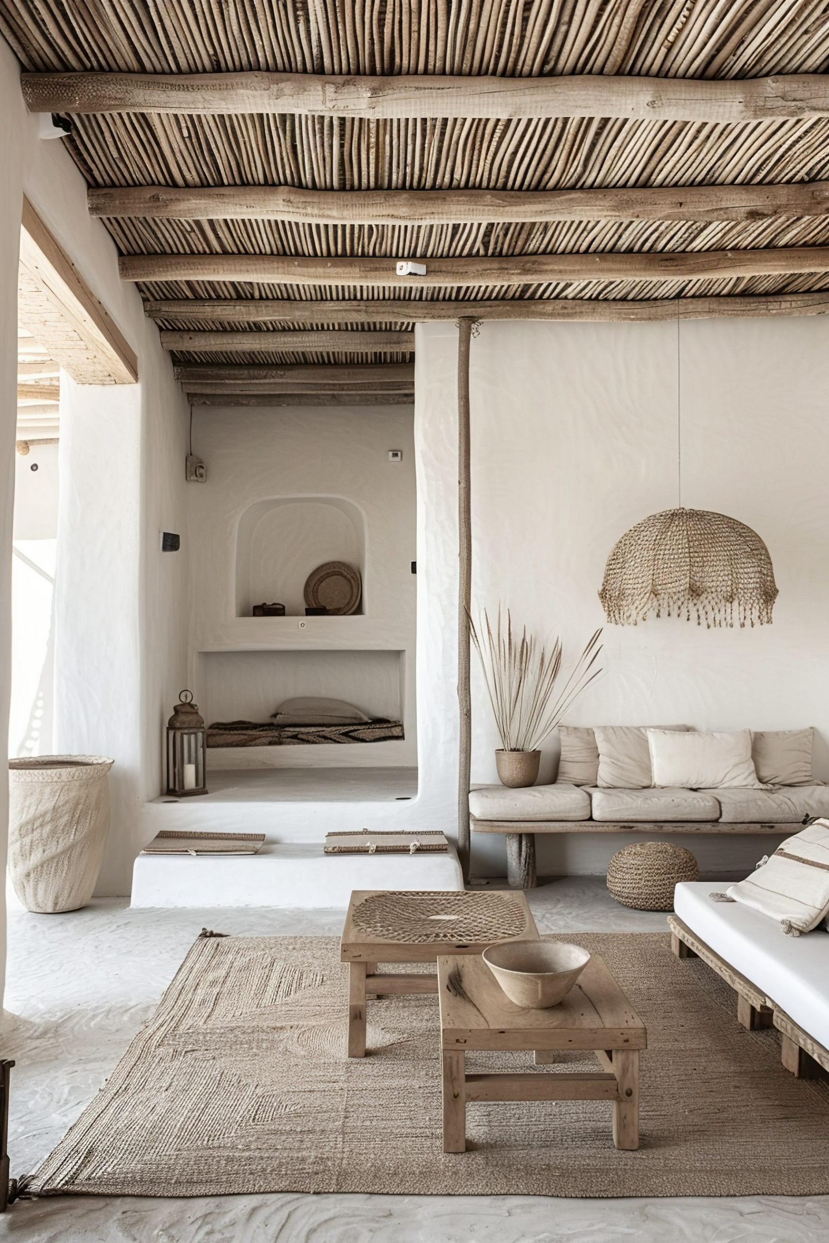 Rustic minimalist interior with white walls, natural wood furniture, woven decorations, and a thatched ceiling.