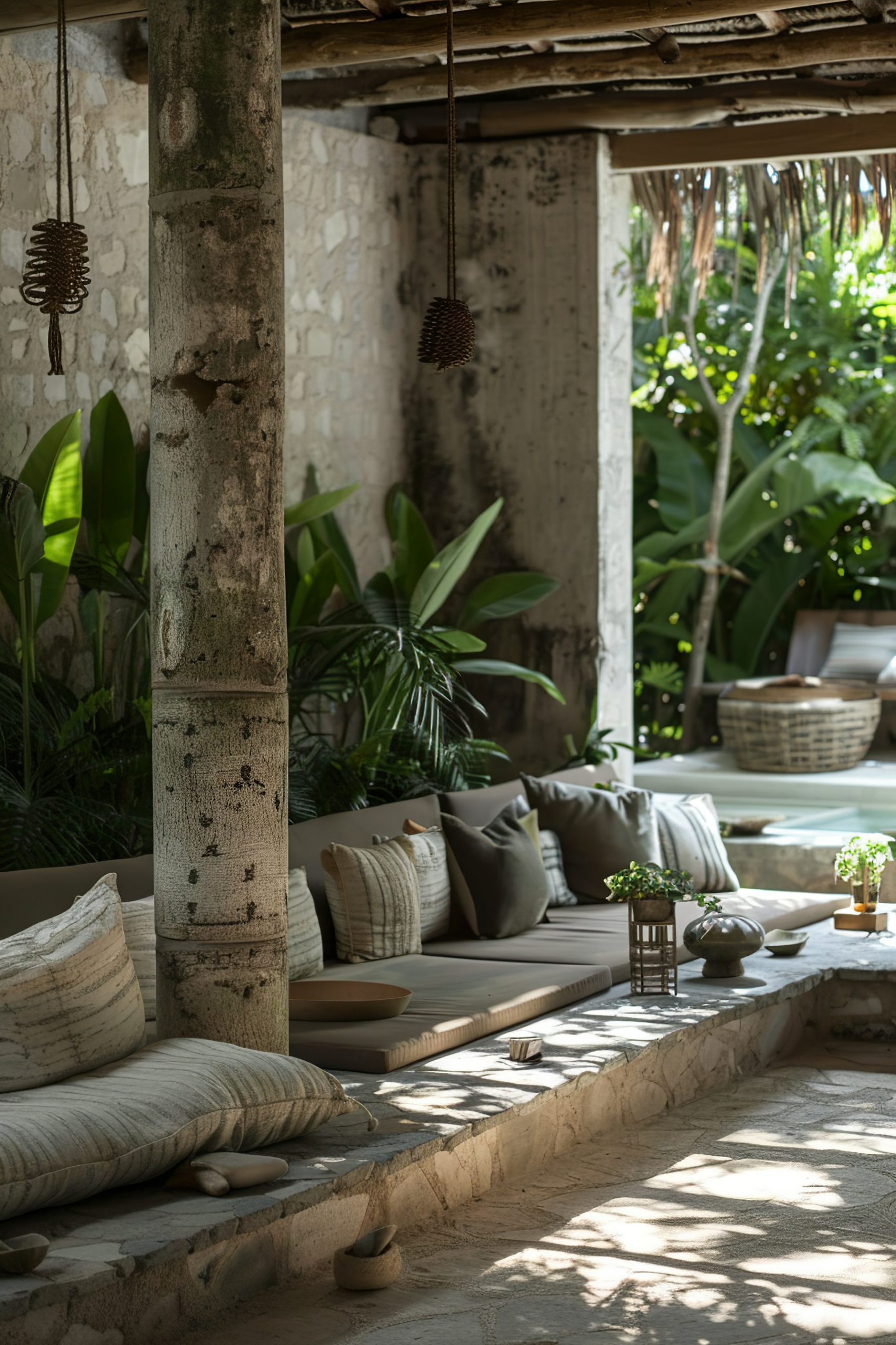 Rustic outdoor lounge area with cushioned benches, decorative pillows, hanging lanterns, and surrounded by lush greenery.