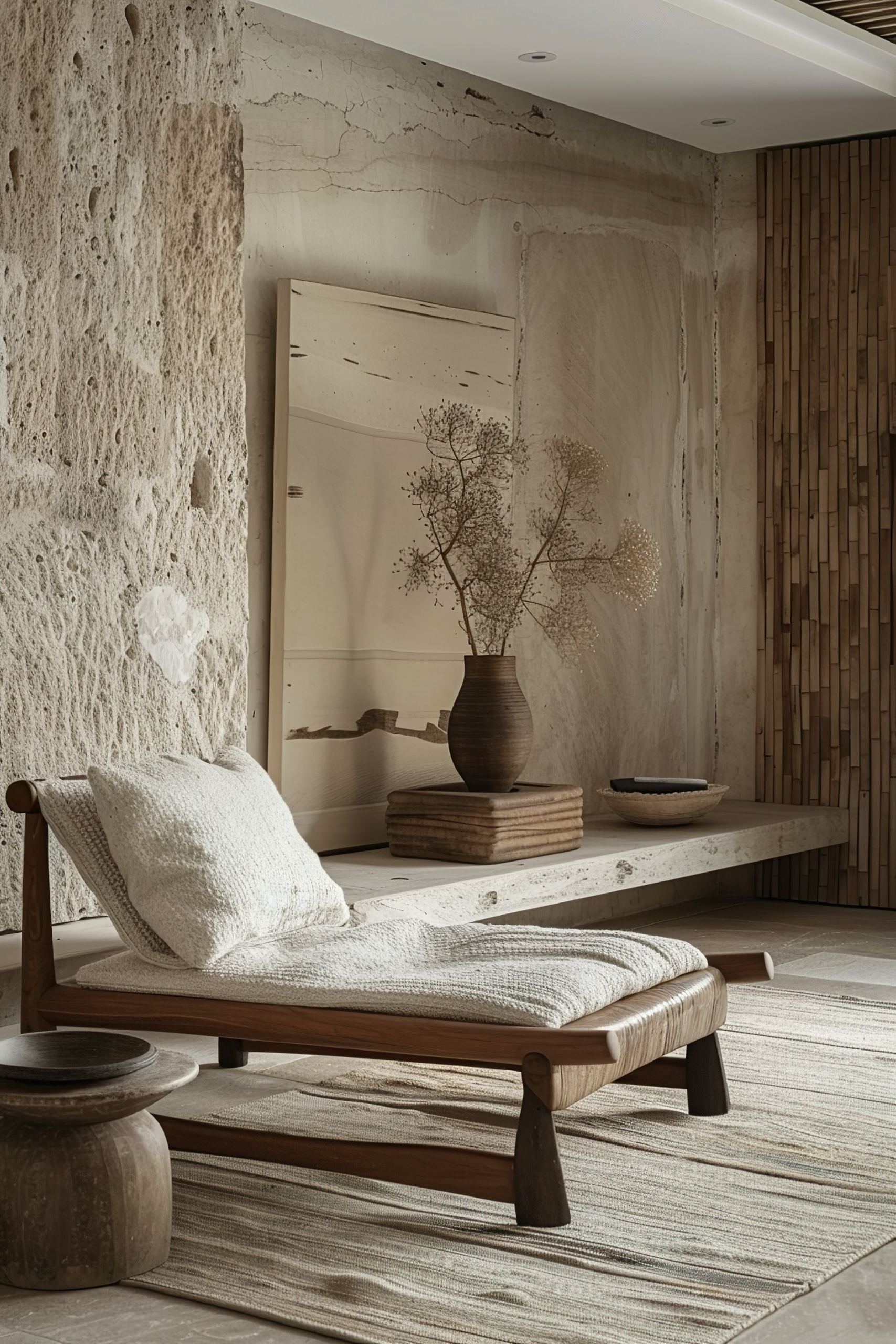 ALT: A serene living space featuring a wooden daybed with cushions, textured walls, a decorative vase with dried plants, and a wooden bench.