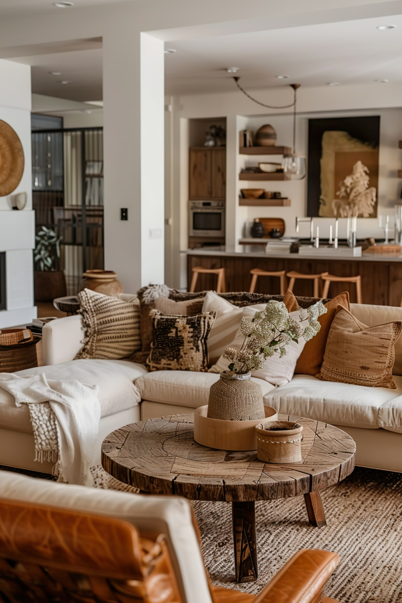 A cozy living room with a white sofa, patterned pillows, a rustic wooden coffee table, and a view into a modern kitchen area.