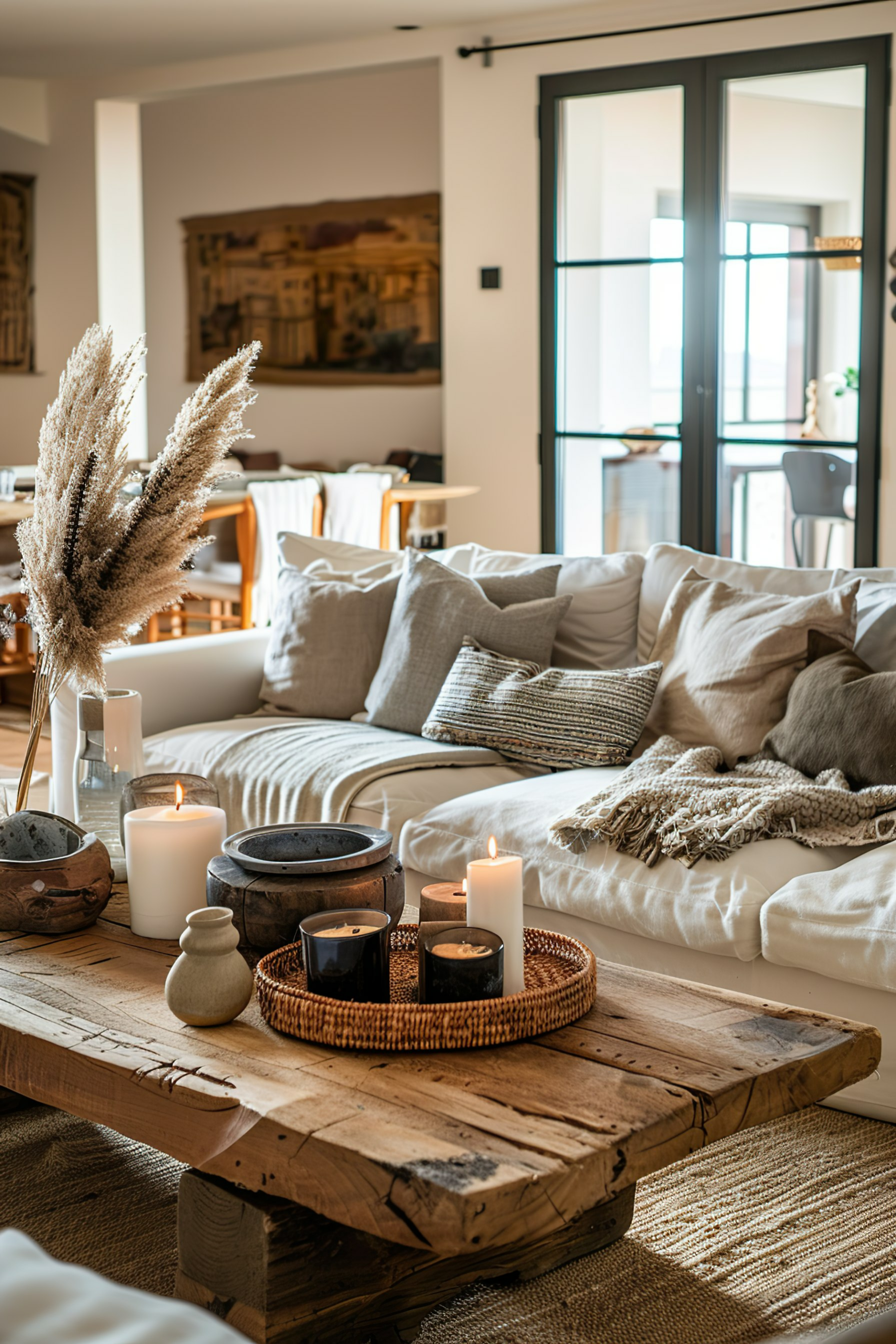 Cozy living room with lit candles on a wooden coffee table, plush sofa with pillows, and warm ambient light.