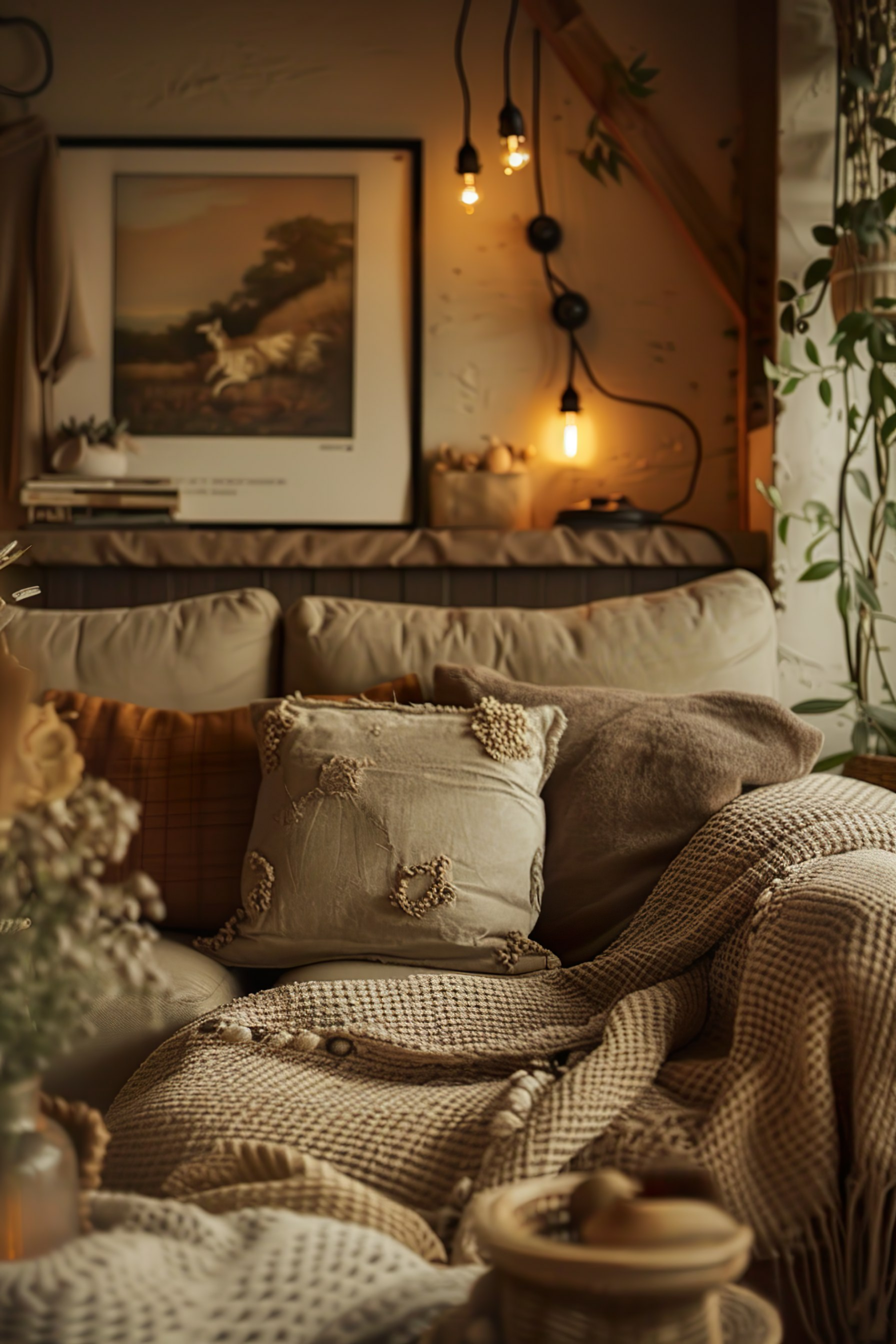 A cozy nook with plush pillows and a knitted throw on a couch, warm lighting, hanging bulbs, and greenery, evoking a serene ambiance.