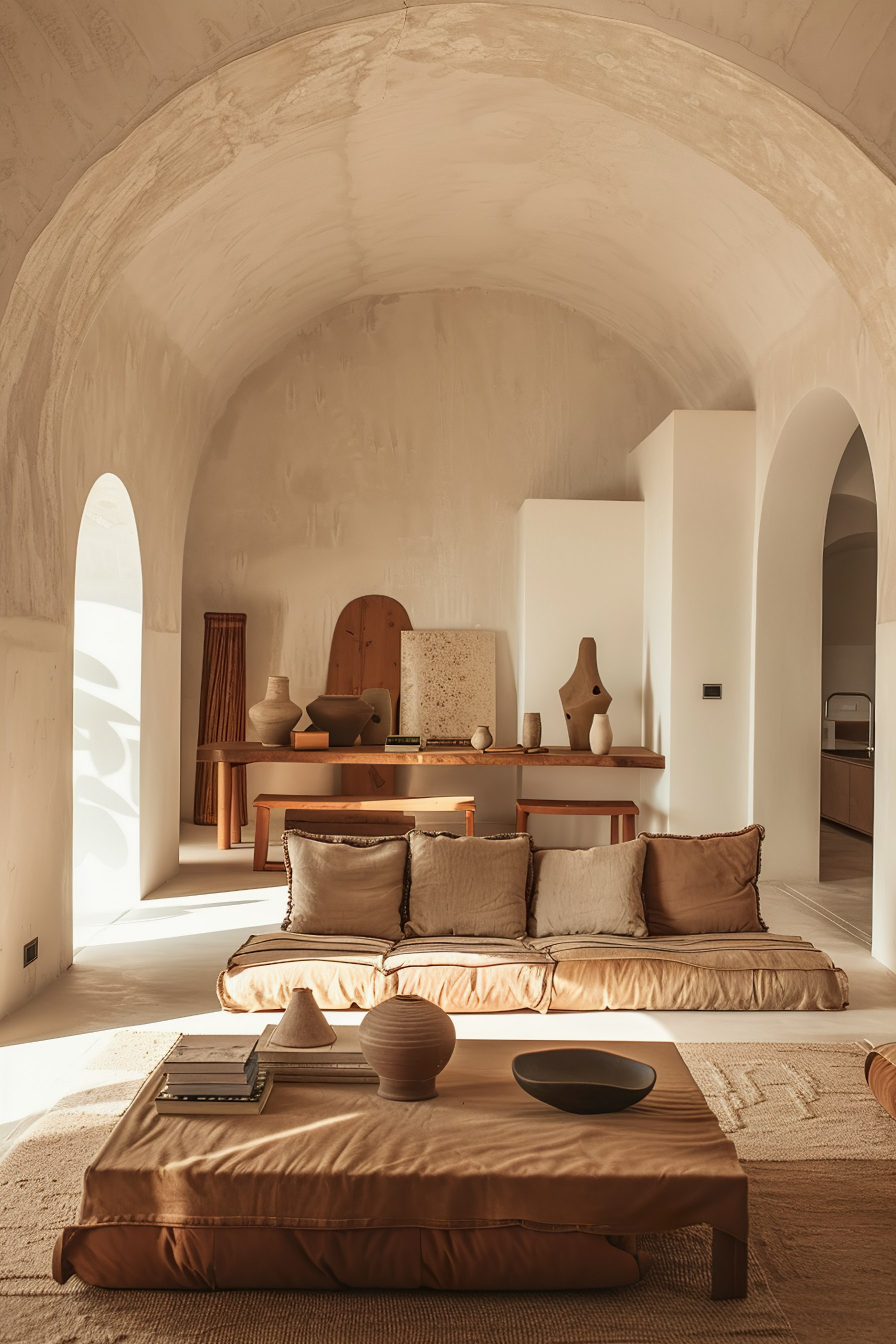 Minimalist living room with arched ceiling, earth-toned decor, low seating, and artistic pottery.