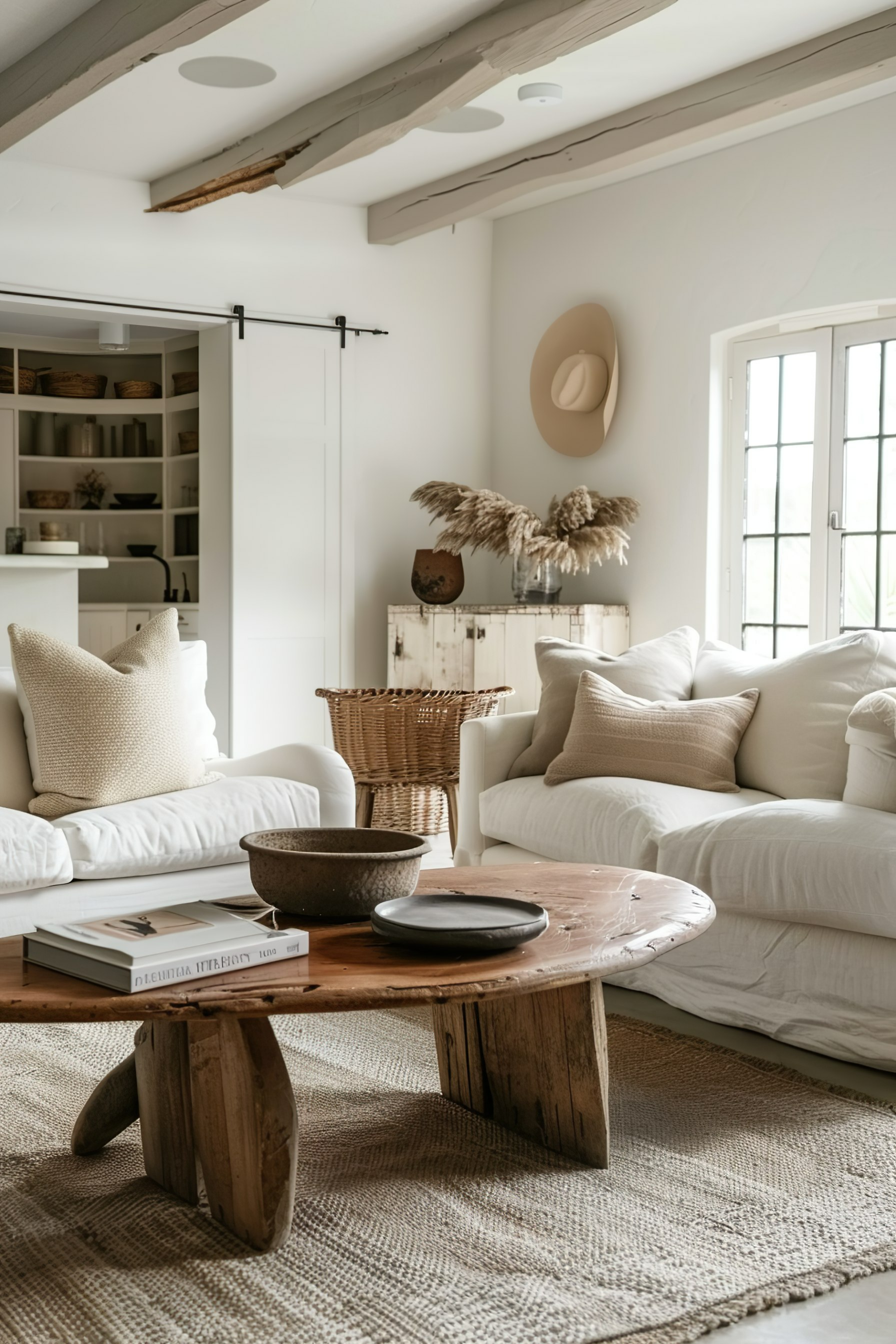 A cozy living room with a rustic wooden coffee table, white sofas, and neutral decor with dried flowers on the shelf.