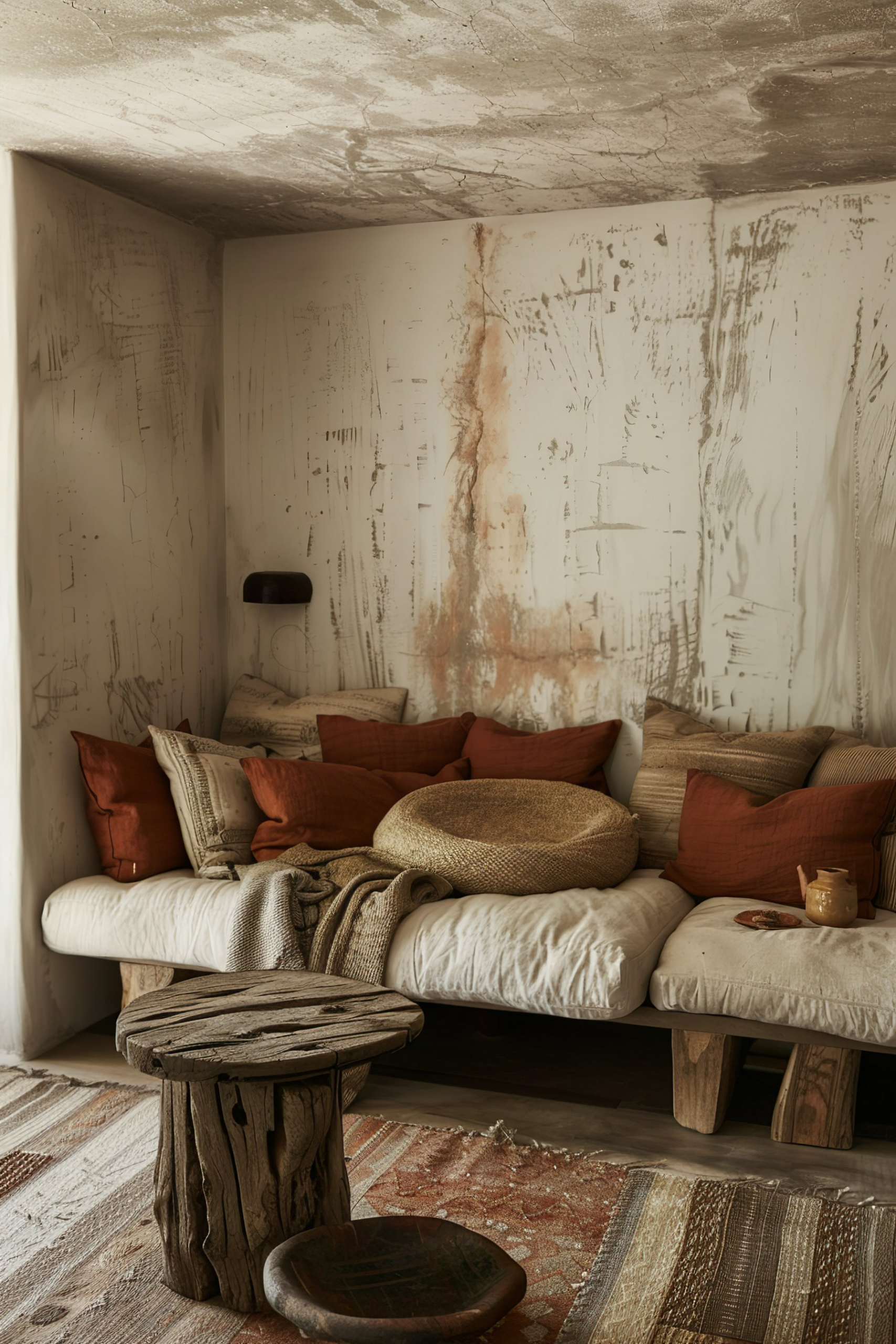 Cozy nook with a built-in couch adorned with orange cushions and throws, rustic wooden stool, and distressed walls.