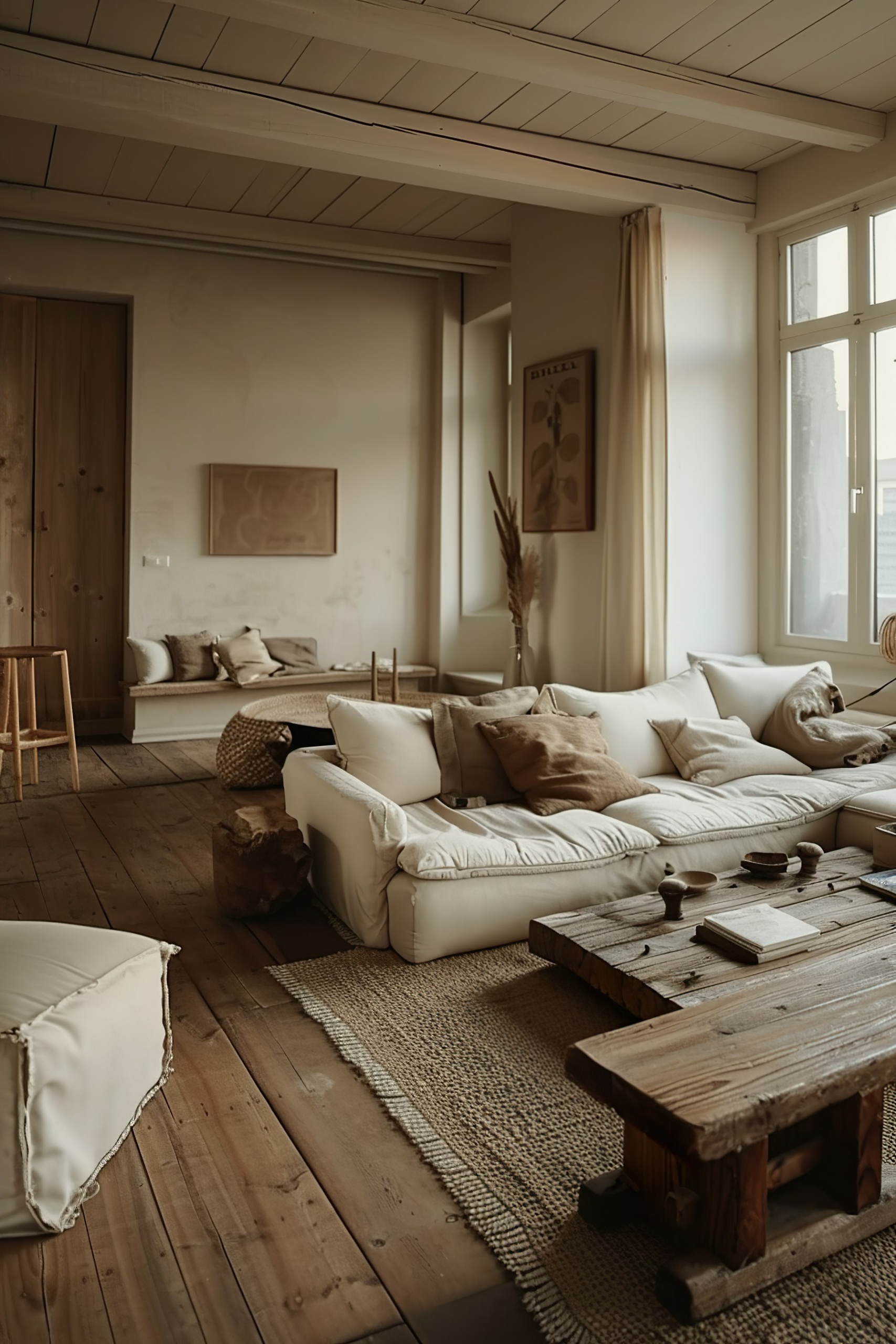 A cozy living room with a plush white sofa, rustic wooden tables, textured rugs, and soft natural light filtering through a window.