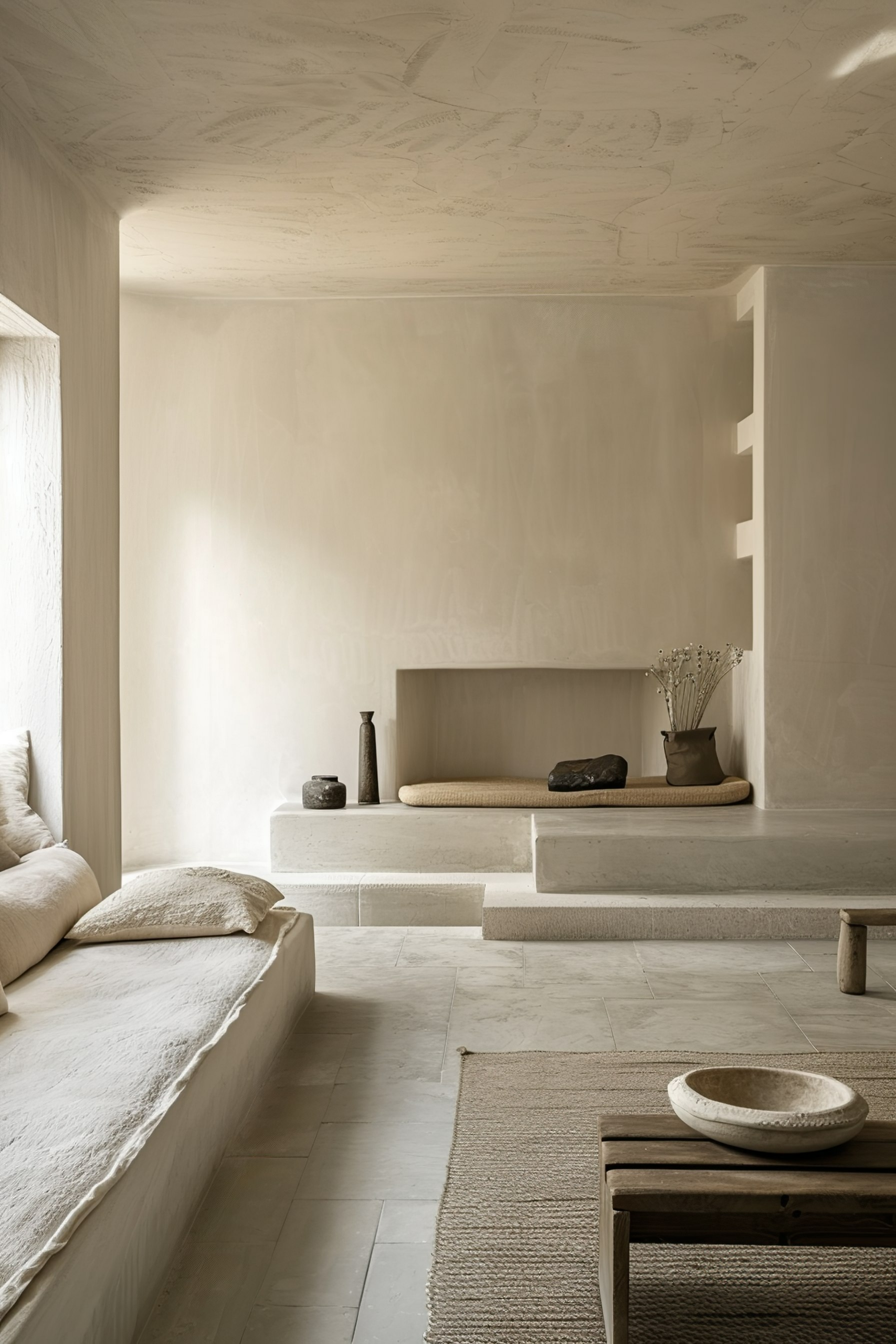 Minimalist interior with beige tones featuring built-in bench, stairs, textured walls, and simple decor.