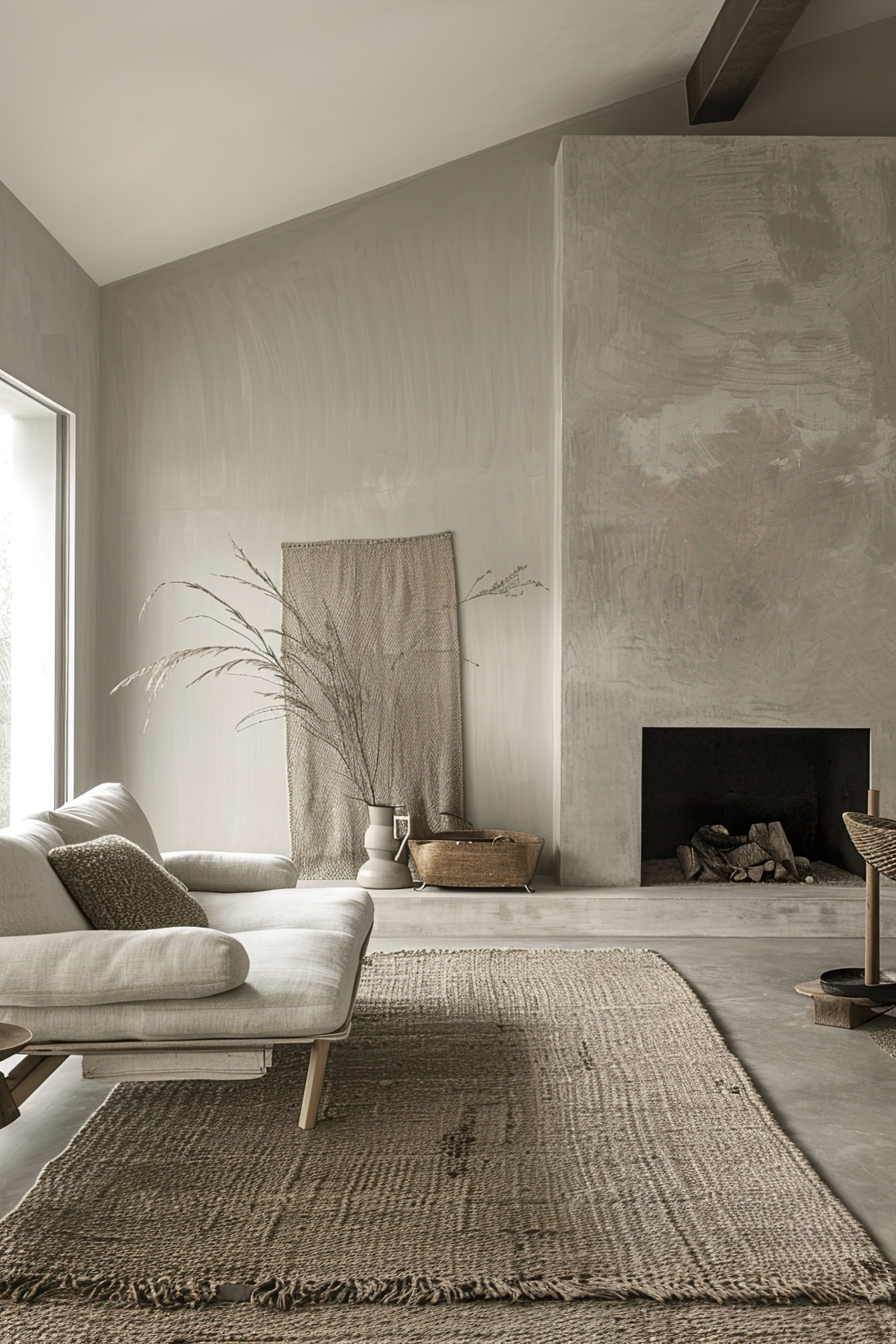 ALT: A minimalist living room with a neutral color palette, featuring a modern sofa, textured rug, and a fireplace with simple decor.