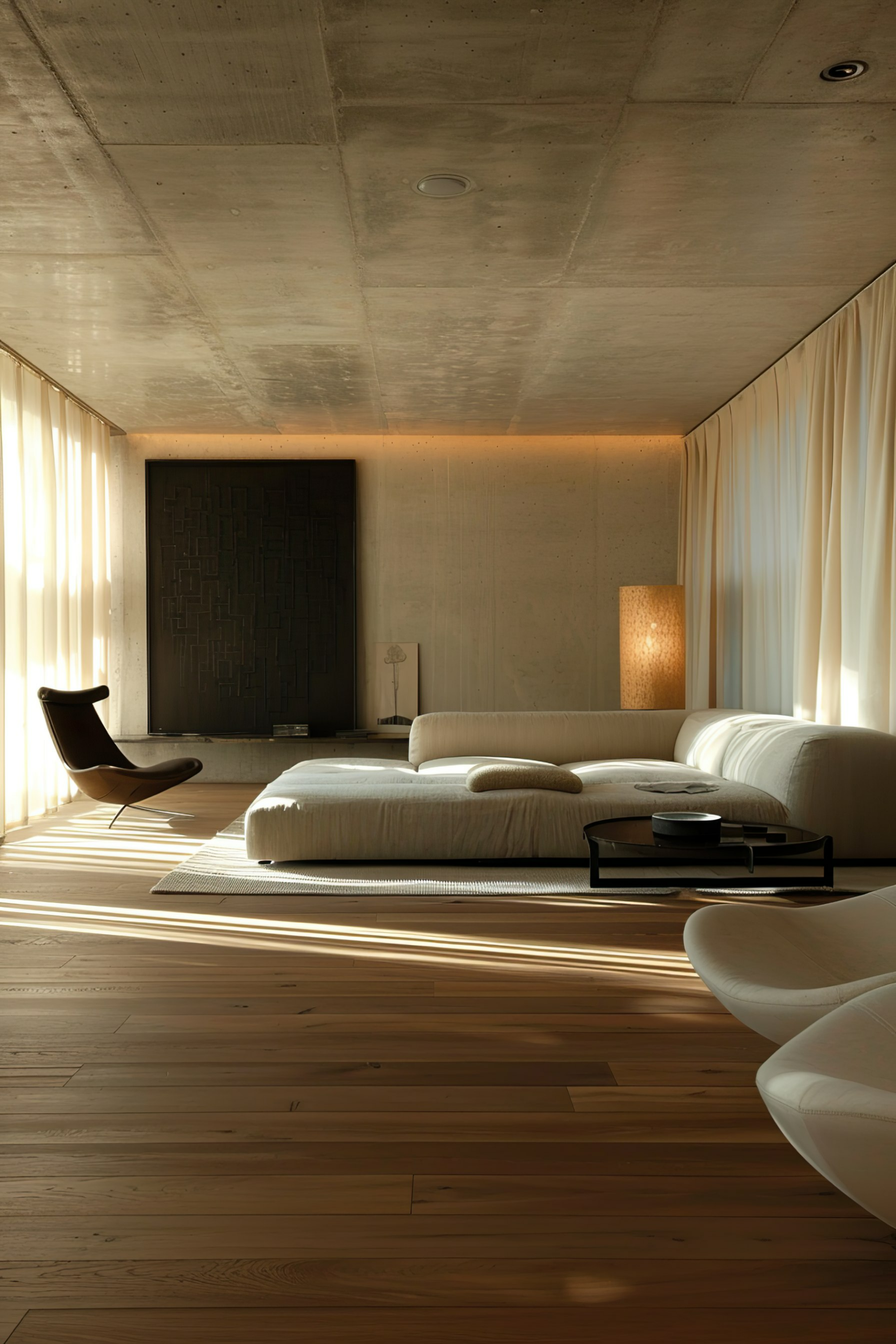 Modern bedroom with wooden floors and minimalist furniture, bathed in warm sunlight filtered through sheer curtains.