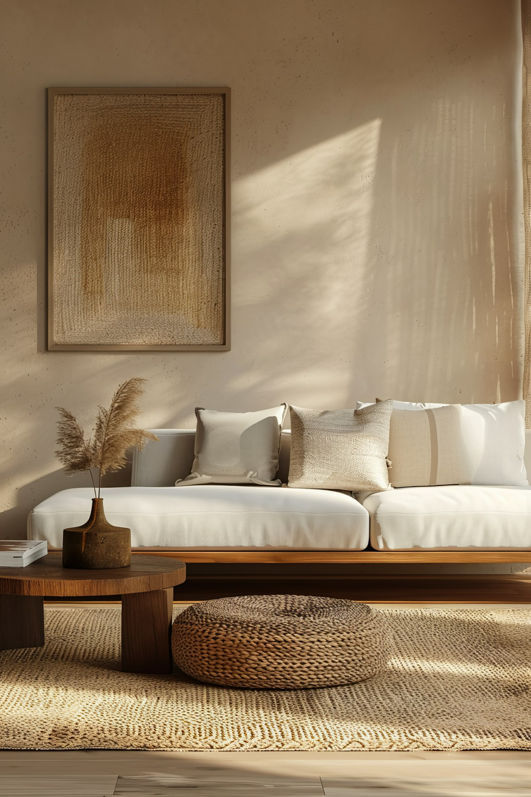 ALT text: Cozy living room corner with sunlight casting shadows, a white sofa with pillows, a round wooden table, woven pouf, and textured rug.