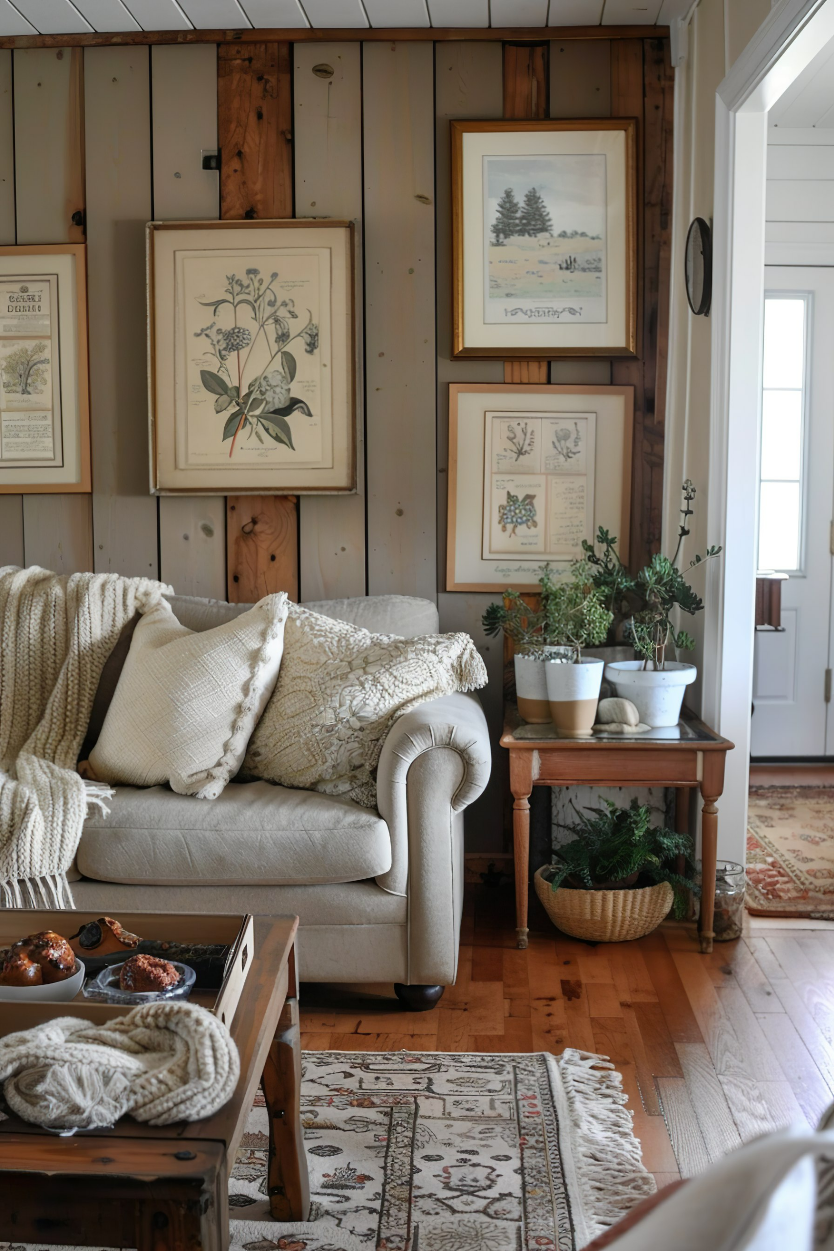 A cozy living room corner with a beige sofa, knitted blankets, a side table with plants, framed botanical prints on the wall, and an Oriental rug.