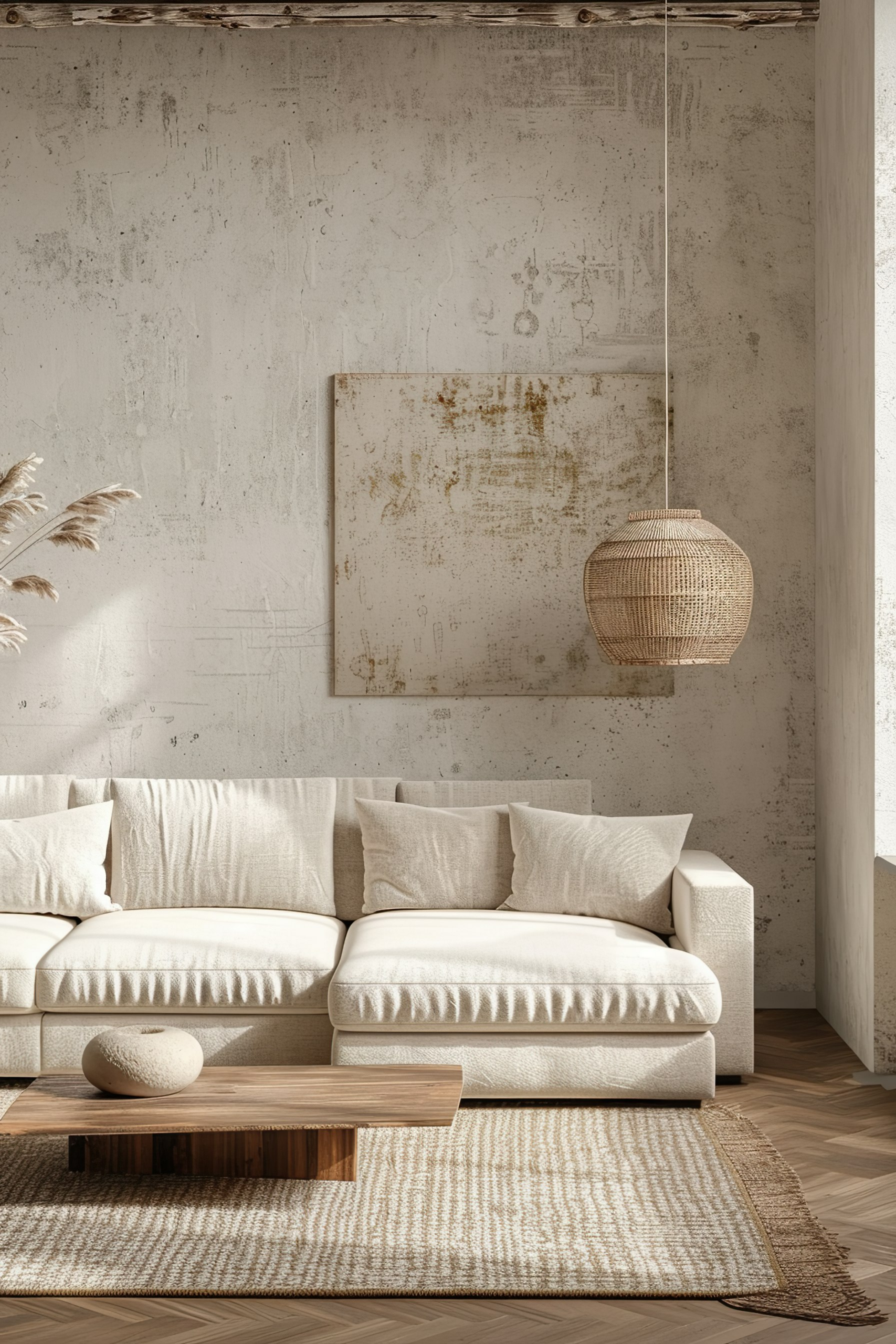 Cozy modern living room with a white sofa, rustic wooden table, woven pendant lamp, and textured carpet on herringbone floor.