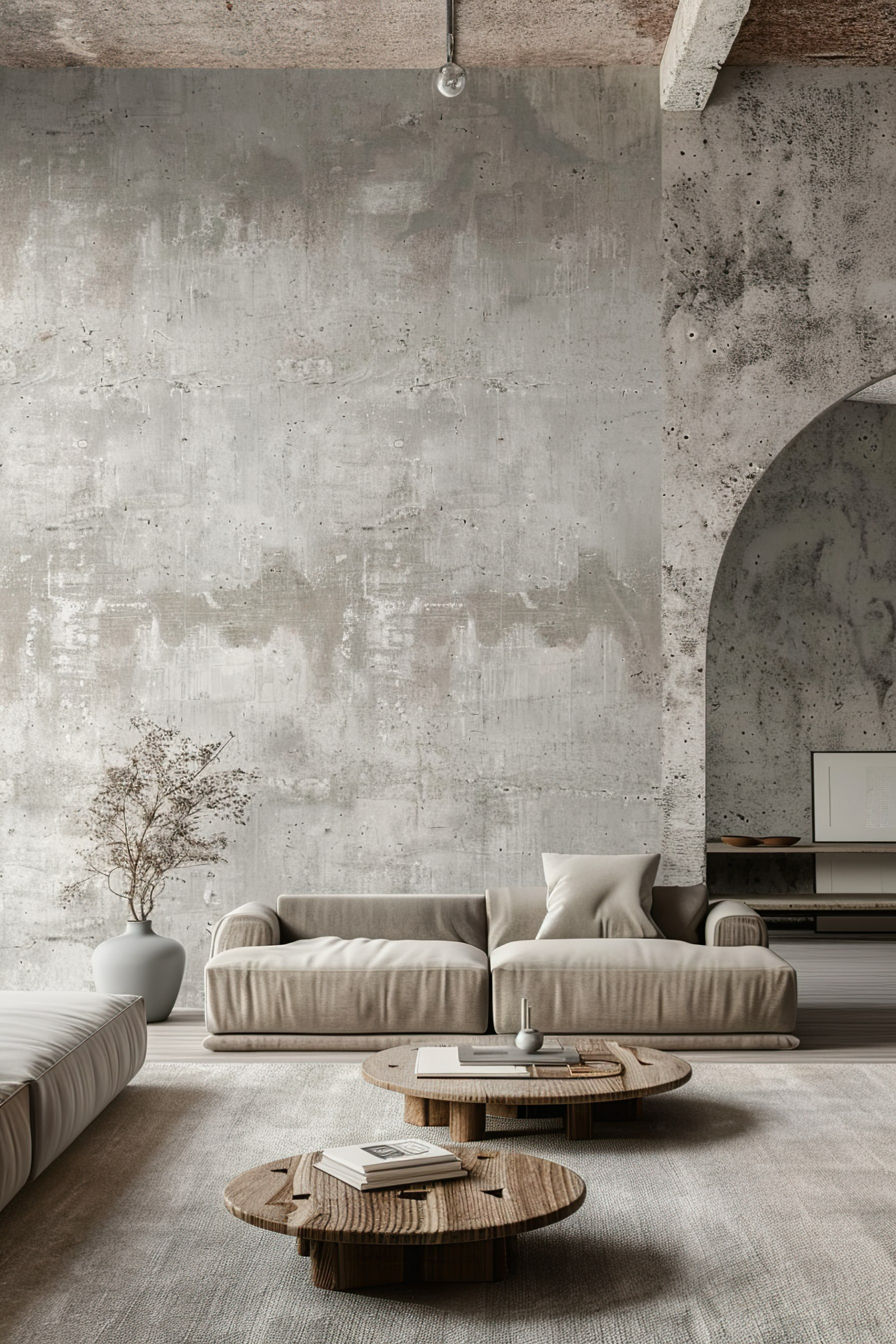 Modern living room with textured concrete walls, a soft beige couch, round wooden coffee tables, and minimalist decor.